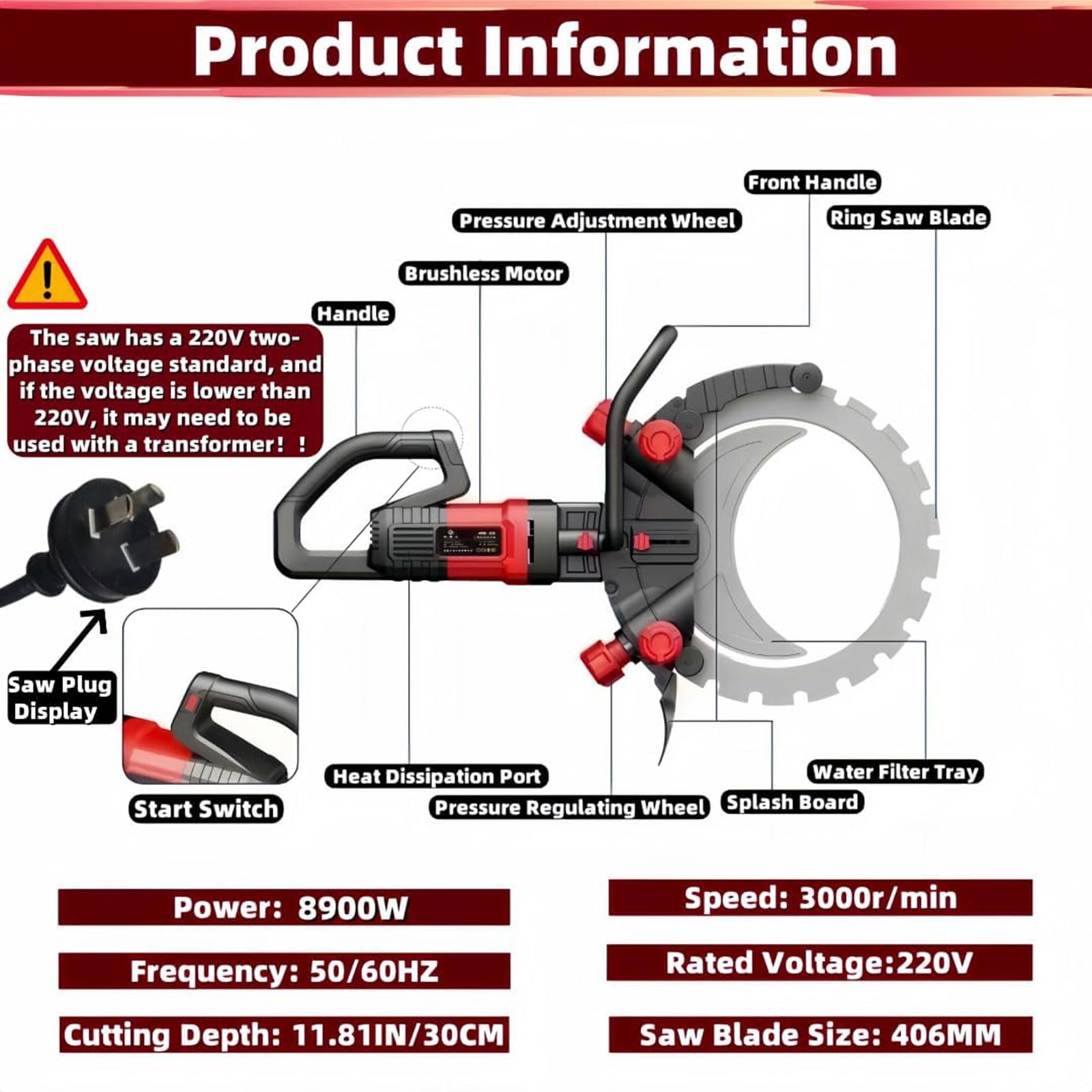 Sierra Circular Profesional para Hormigón De 16 Pulgadas, Profundidad De Corte De 11,8 Pulgadas, con Sistema De Supresión De Polvo con Alimentación De Agua, Motor Sin Escobillas De 8900W