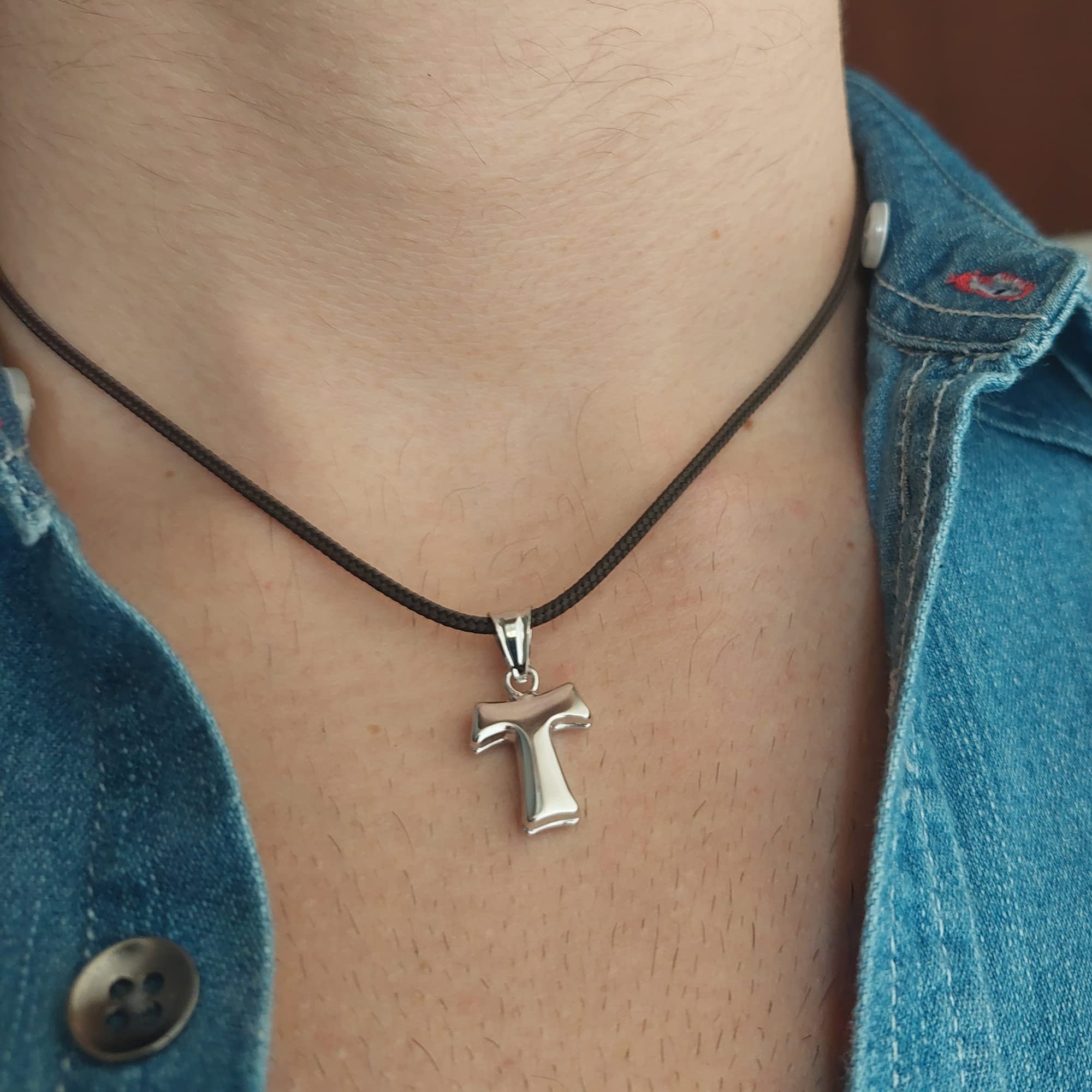 Gioielli Aurum Collana Croce Tau Tao in Argento 925 con Cordino Nero, Ciondolo Religioso Unisex Uomo Donna