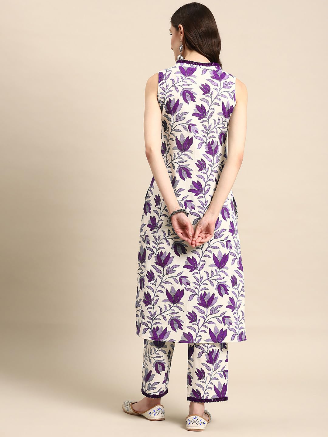 Smowkly V-Neck Sleeveless Kurta For Women (1430_Prl_L) Purple