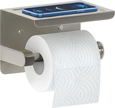 Brushed Nickel Toilet Paper Holder with Shelf, SUS304 Stainless Steel Wall Mounted, Dual Installation Adhesive or Screw, Rustproof Modern Bathroom Tissue Roll Holder