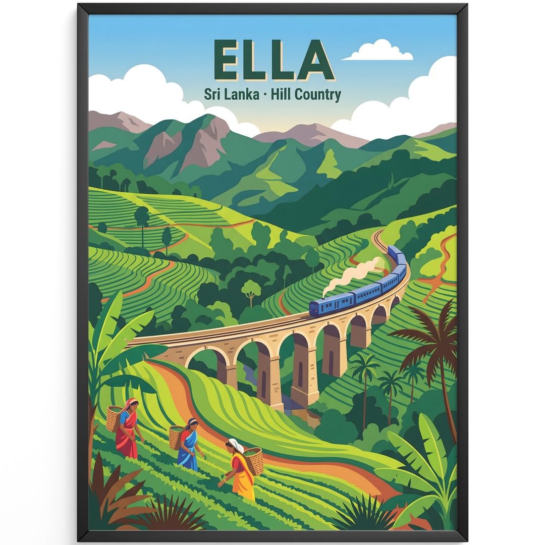 MJ-GRAPHICS® Poster Teeplantagen Kunstdruck Ella Wandbild Landschaft Deko Zug malerisch Farben Wohnzimmer Natur Wanddeko Hügel Reise Abenteuer Farbspiel 50x70 mit schwarzem Rahmen