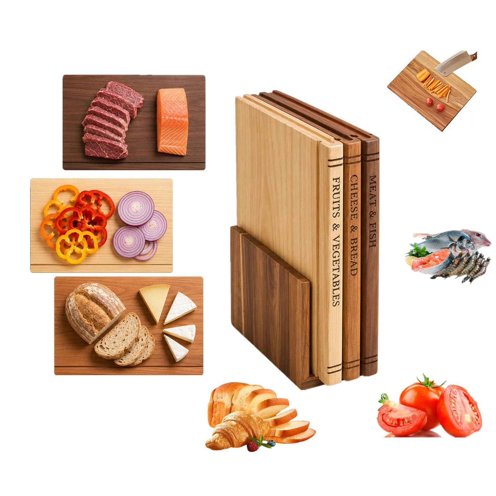 Buchschneidebretter Set, The Cutting Board Library, Book Shaped Design, Holz Schneidebretter & Holz Utensilien-Set, Dekorative Schneidebretter mit Ständer für Obst, Gemüse, Fleisch, Fisch, Brot
