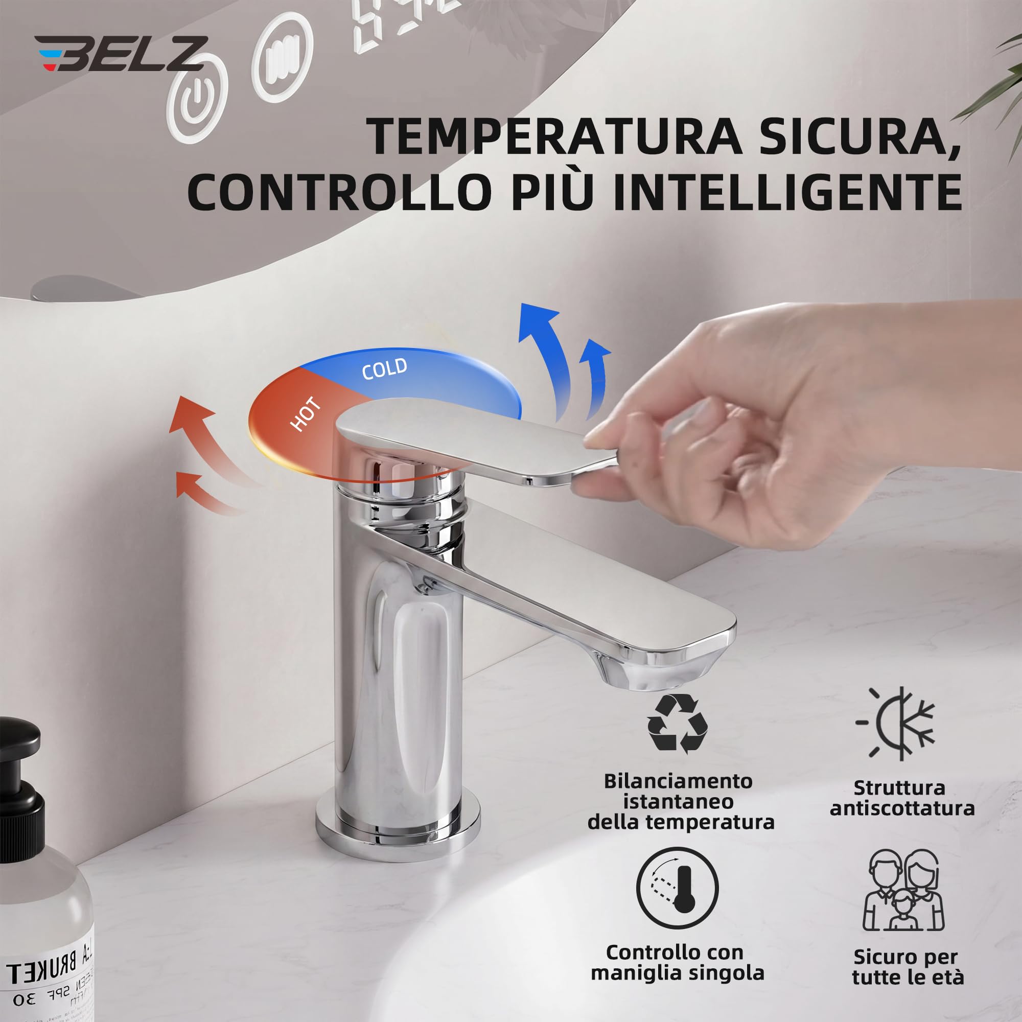 BELZ Miscelatore Lavabo Cromato in Ottone Massiccio, Rubinetto Monocomando | Senza Piombo e Antiruggine, Risparmio Idrico 40%, Cartuccia Ceramica 500.000 Cicli, Antigoccia, Silenzioso e Antischizzo