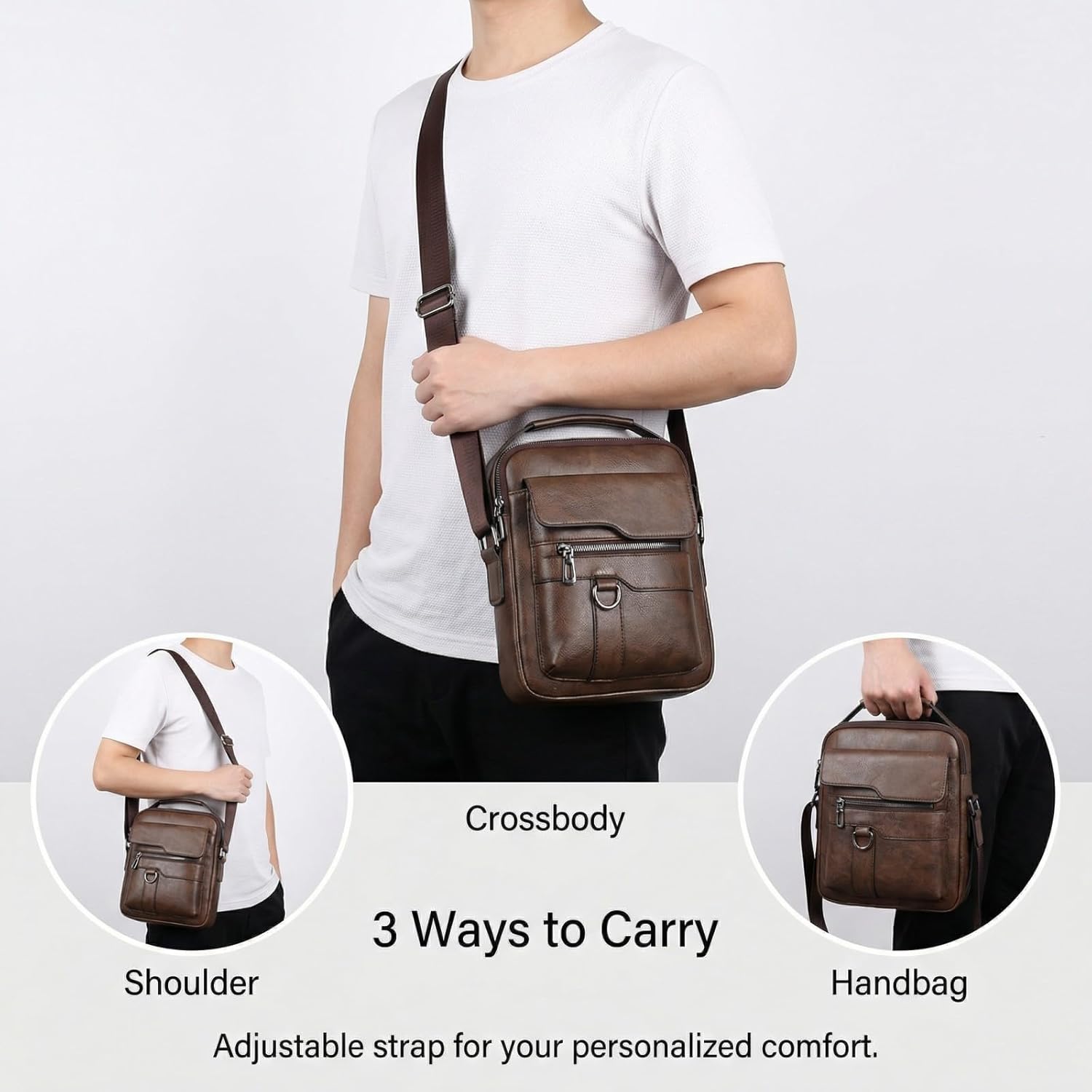 Men's Leather Crossbody Bag, Casual leather Bag for Men, Crossbody Bag Office Business,Handbag Purse Zipper - Image 7