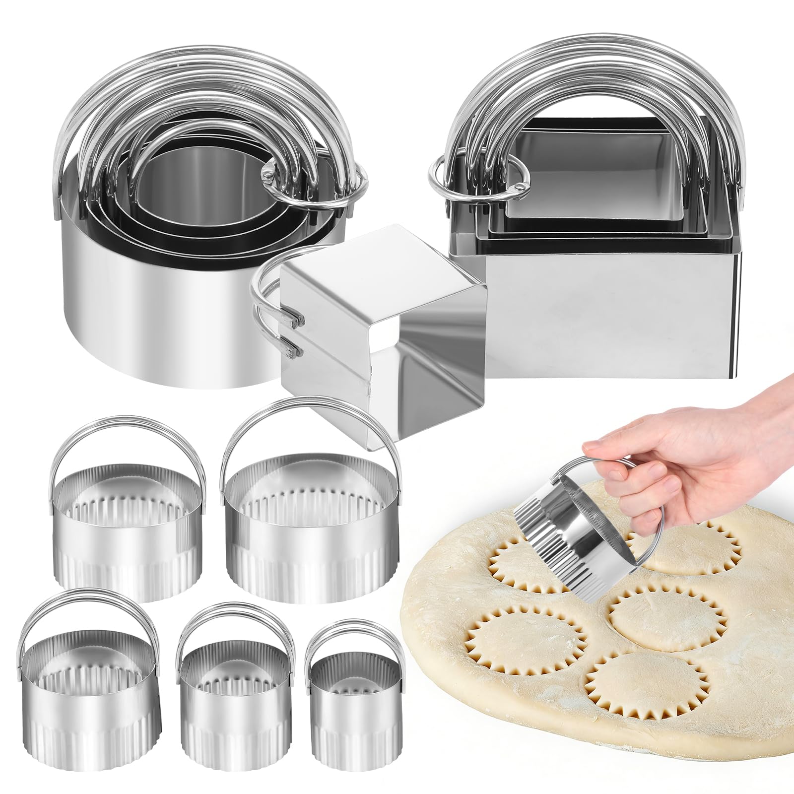 15Pcs Cookie Cutter Set,5 Size Biscuit Molds,Stainless Steel Fruit Veggie Tiny Polymer Clay Cutters,Mini Scone Cutter with Handle for Pastry Donut Fondant Baking DIY Cake(Round +Square+Round Lace)