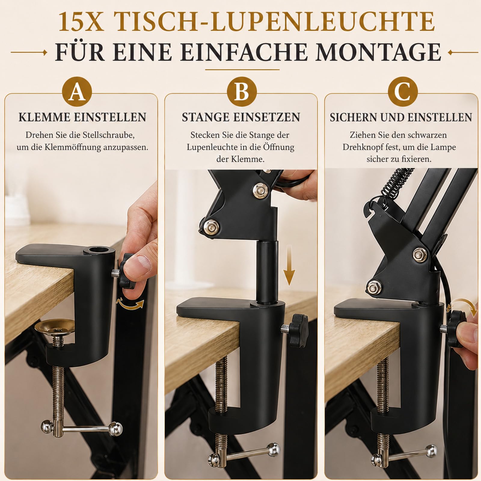 15X Lupenlampe mit Klemme – LED Schreibtischlampe mit 72 LEDs, 3 Lichtmodi & 10 Helligkeitsstufen, Echtglaslinse 4,3", Extra Langer Schwenkarm, Lupenleuchte für Basteln, Lesen & Elektronik