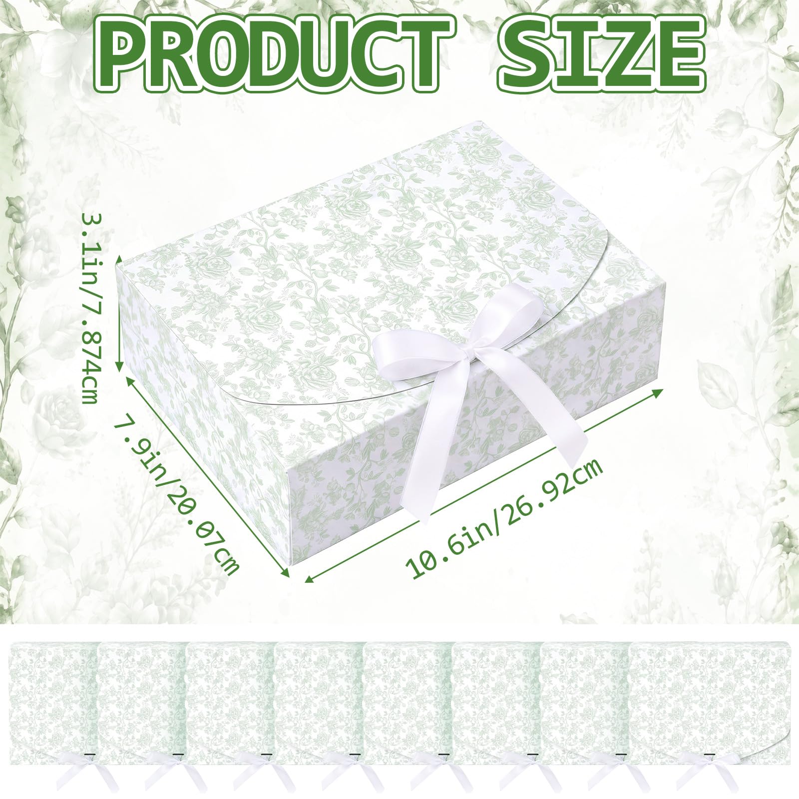 Kolldenn Confezione da 8 scatole regalo verdi floreali per proposte di damigella d'onore con coperchio a nastro, 20 x 26,9 x 8,1 cm, scatola di carta vuota per matrimoni, matrimoni, baby shower