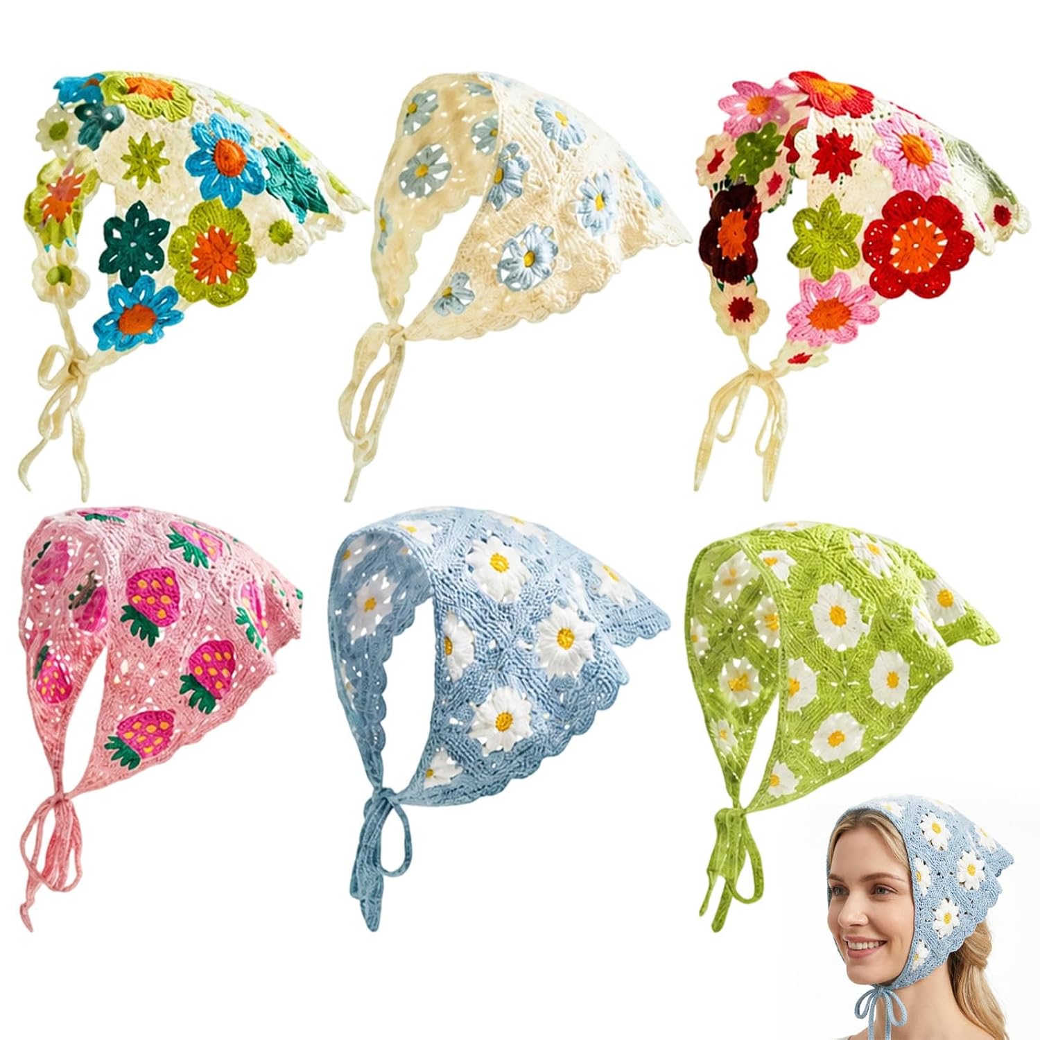 Crochet Bandana, Cute Bandanas for Women, 6Pcs Crochet Head Scarf, Vintage Fashion Hair Accessory, Knitted Triangle Scarves, Cute Flower Bandana for Photography and Outdoor Activities