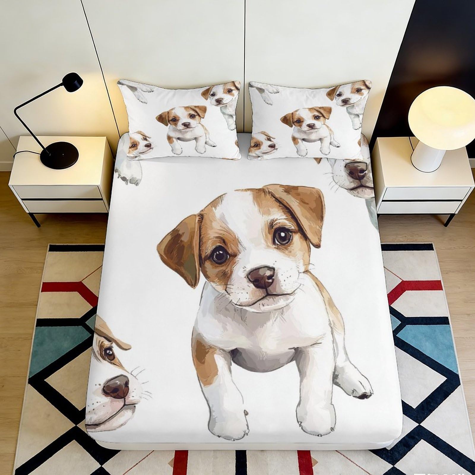 Uynsixtme Style-4 3D Printed Puppy Pattern Fitted Sheet Microfiber Deep Pocket Bedroom Bedding Dog Mattress Fitted Cover Non-Slip Washable For Adult Teen 140X200x25cm