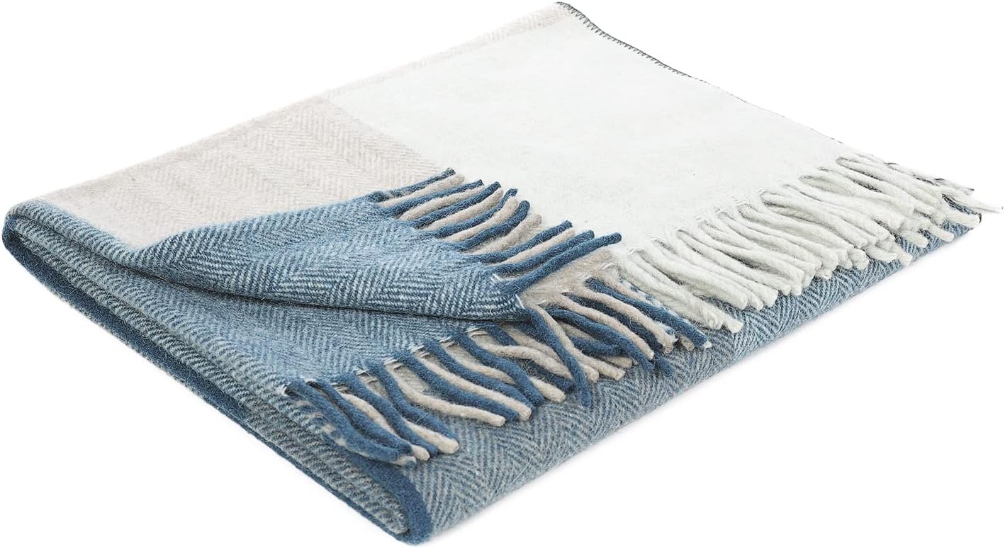 Dunedin Cashmere Block Check Herringbone Knee Lap Blanket Small Rug Bed Throw Extra Warm Comfy Soft For Men and Women (Natural Teal)