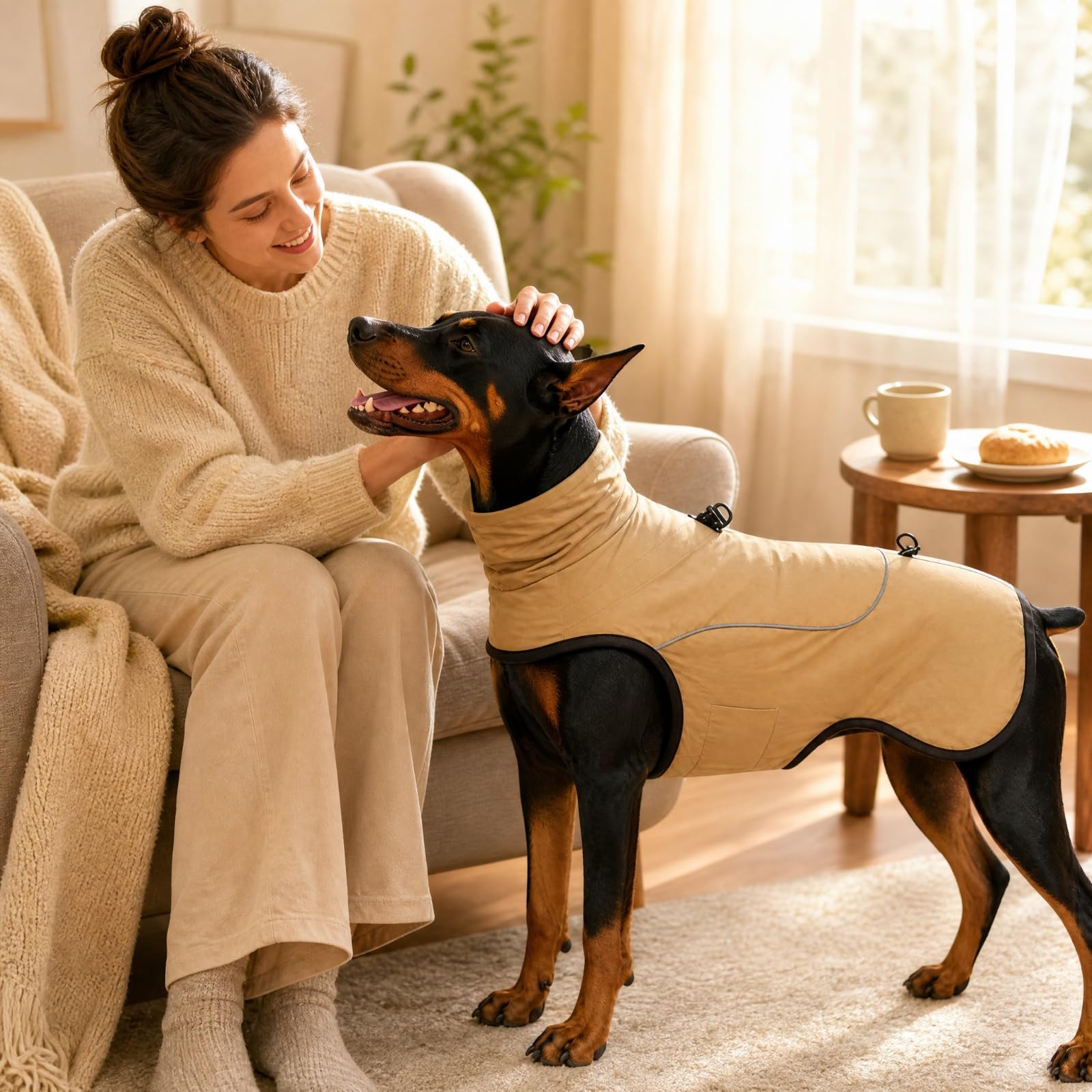 Beige Hundejacke aus Polyester Wärmend Wärmende Hundejacke mit Reflektoren Reflektierend Hunde-Winterjacke für Parkbesuche, XXL