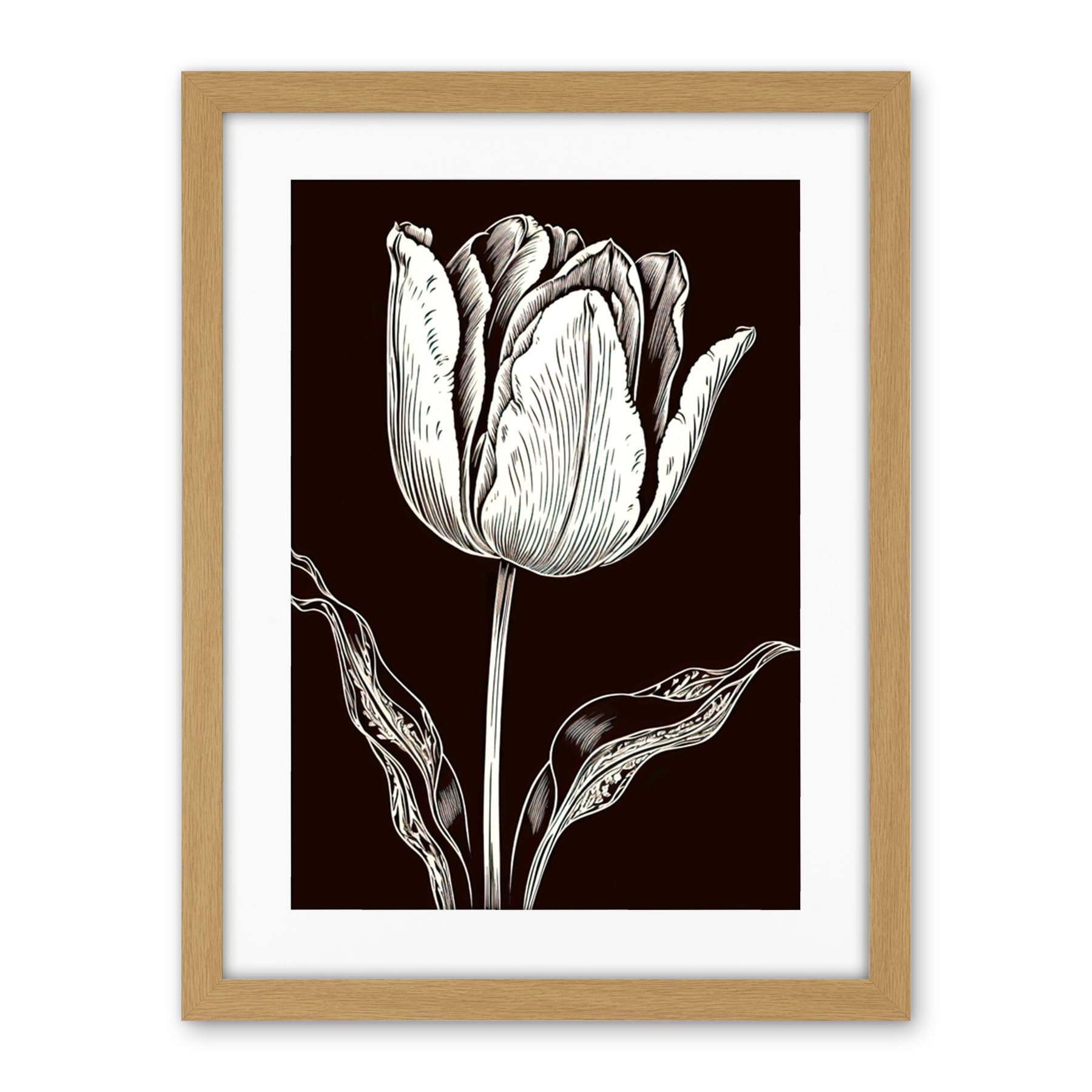 Artery8 Tulip Flower Black and White Contour Folk Art Artwork Framed Wall Art Print 18X24 Inch