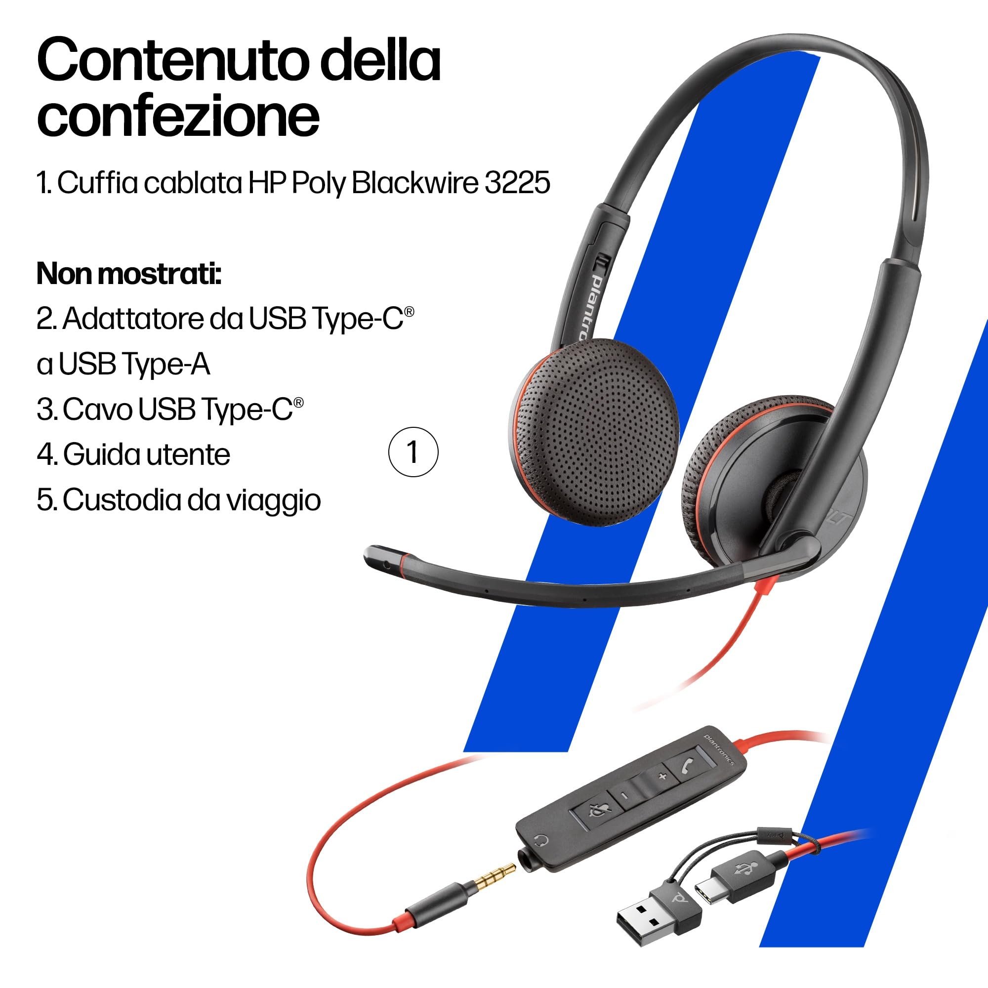 Poly Blackwire 3225, Cuffia Cablata con Connessione USB-A, USB-C, AUX 3,5 mm, Cuscinetti in Similpelle, Riduzione del Rumore e dell'Eco, Comandi sul Cavo, Compatibile con Windows 10 e macOS, Nero