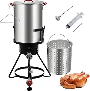 GarveeHome 30 Qt Turkey Fryer, Aluminum Seafood Boiler Steamer, Outdoor Deep Fryer with 0-5 PSI Regulator, Fish Fryer Pot with Propane Stove Burner Stand and Thermometer Kit for Frying Turkey