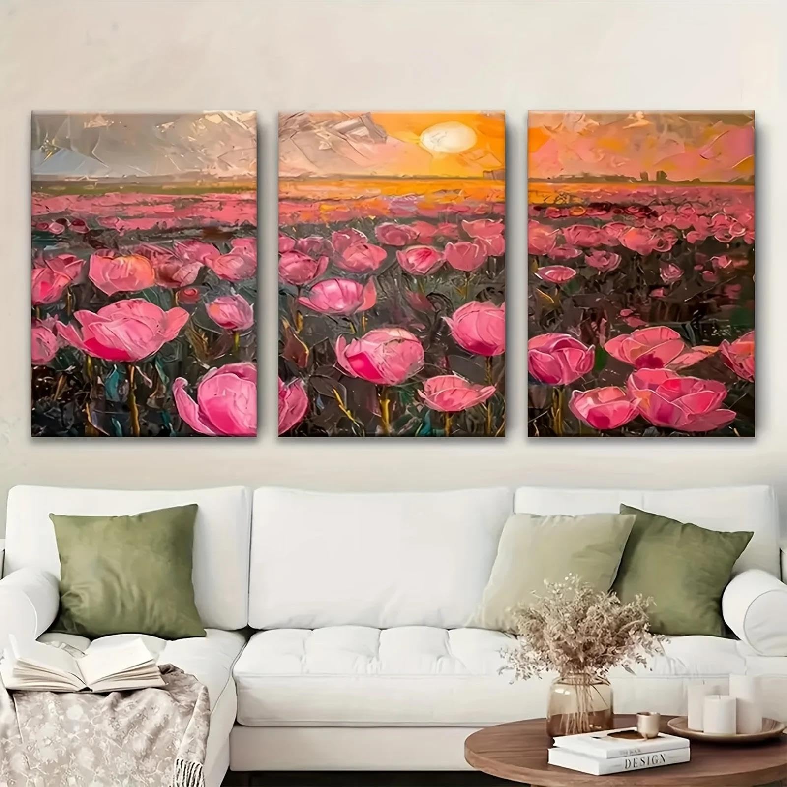 Yocheng 3pcs Set Of Wrapped Decorative Art Pink Tulips At Sunset The Poster Set Is Suitable For Home Art Decoration 30x40cmx3 No Frame