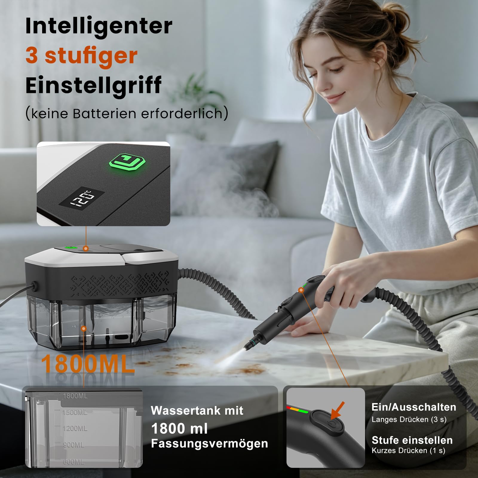 14 in 1 Dampfreiniger, 3 Stufig Einstellbarer Griff, Temperaturanzeige, 15 Sekunden Aufheizzeit, 1,8 L Wassertank, für Küche, Bad, Auto und Möbel (Schwarzweiß)