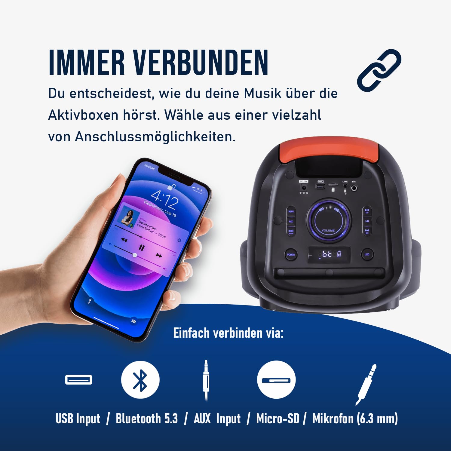 Fontastic Party Lautsprecher Rokka - tragbarer Trolley-Bluetooth Lautsprecher mit USB-Wiedergabe, AUX, MicroSD, LED-RGB Lichteffekten & Aufnahmefunktion - Karaoke Box mit Mikrofon - Schwarz