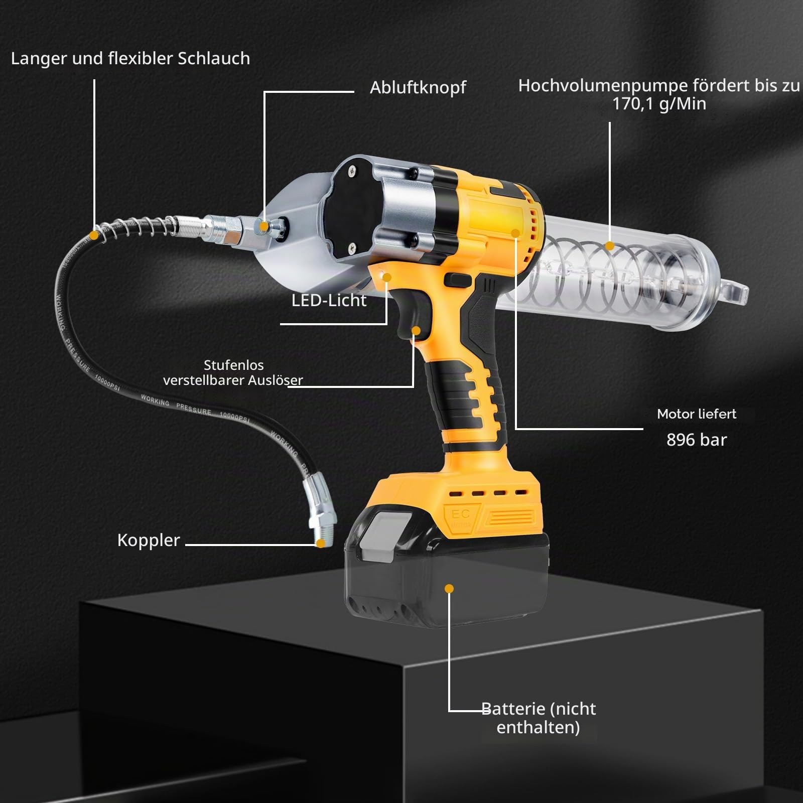 Schnurlose Fettpresse Kompatibel für Dewalt 20V MAX Akku, Bürstenlose 13000 PSI Professionelle Elektrische Hochdruck-Fettpresse mit 30cm langem Hochdruckschlauch (ohne Akku)