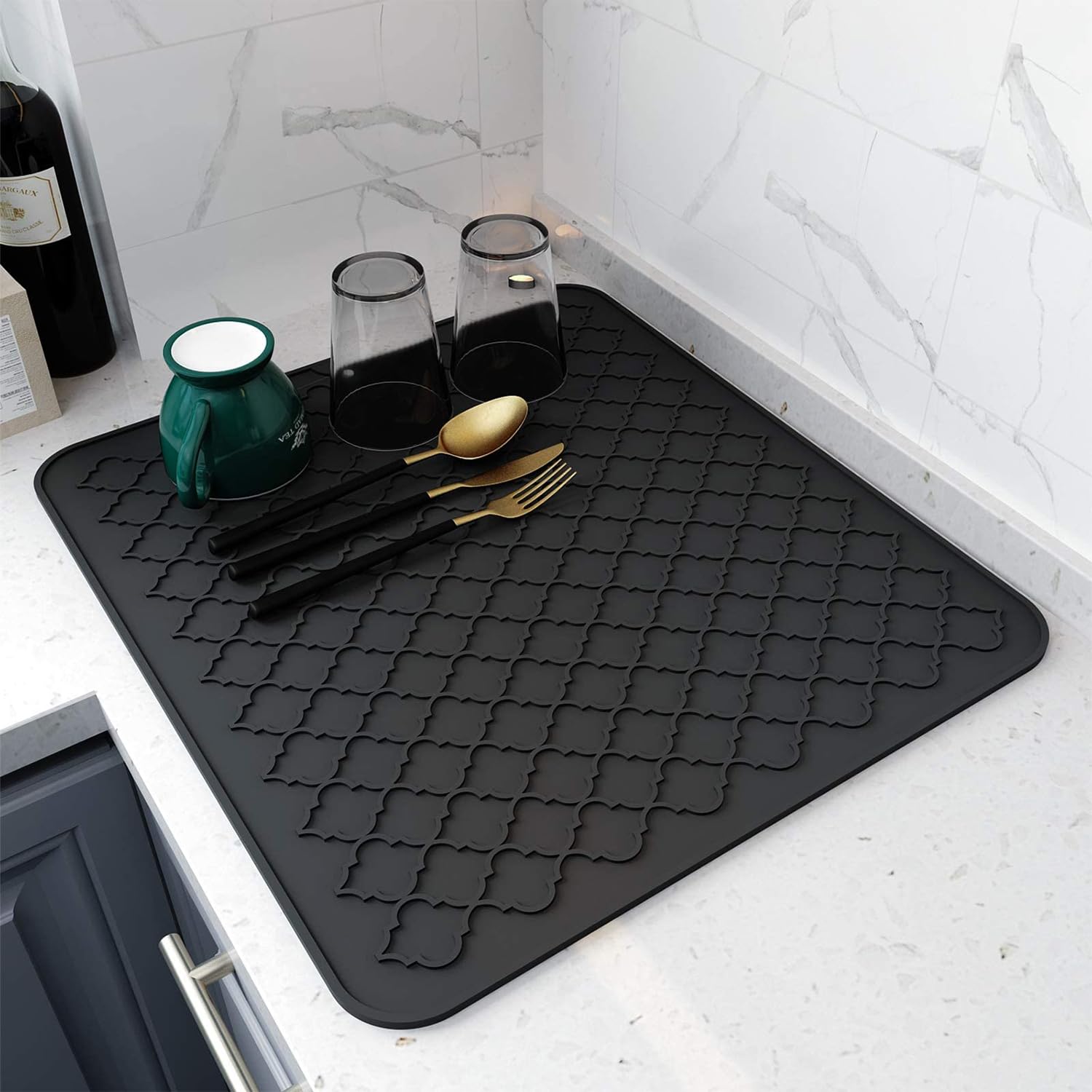 X spring Silicone Dish Drying Mat, Non-slip Easy Clean Silicone Drying Mat, Heat Resistant Dish Mat, Silicone Sink Drying Mat for Dishes, Kitchen Counter Top, Fridge Drawer Liner ((Black 40× 30cm))