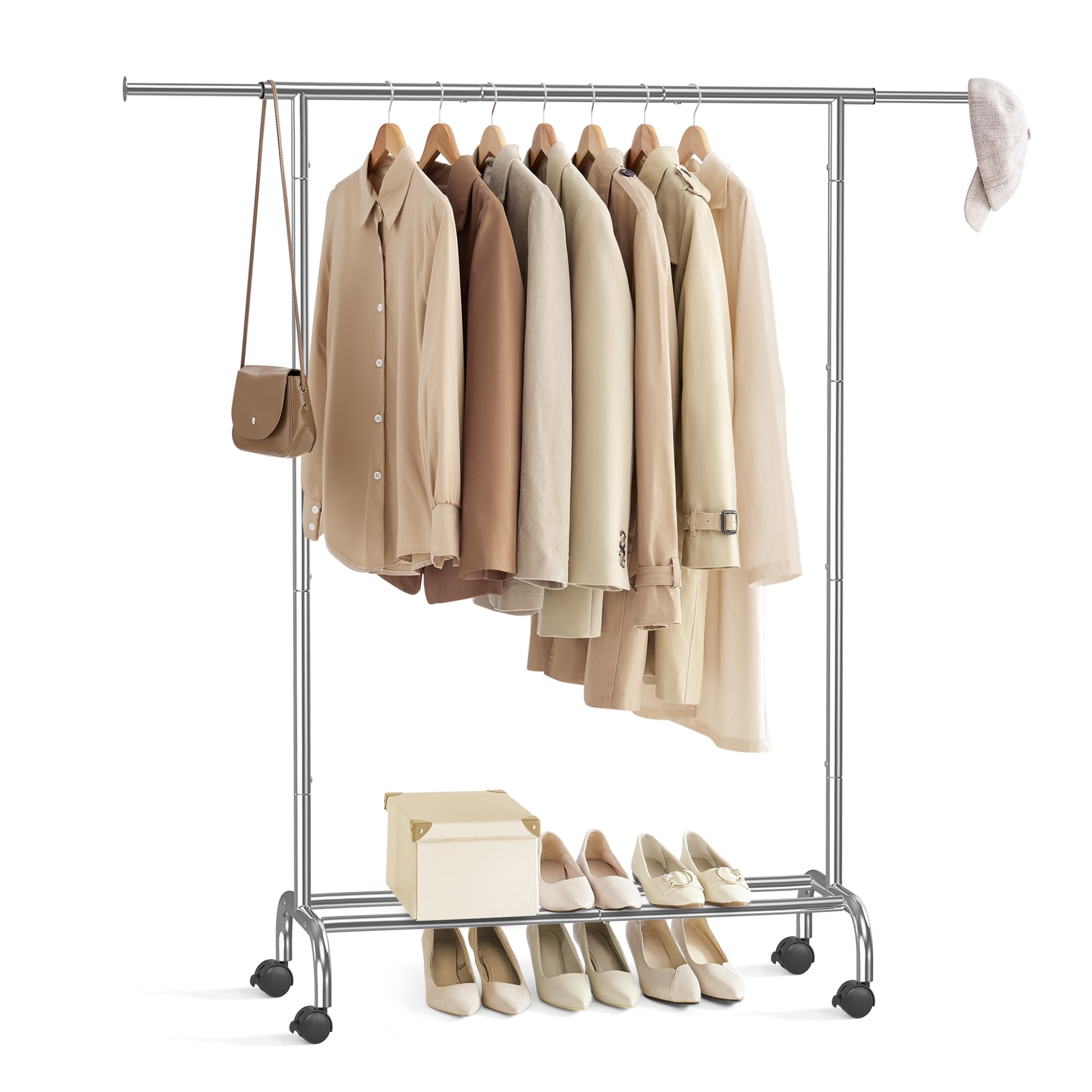 SONGMICS Clothes Rail, Clothes Rack, Extendable Hanging Rail, Clothing Storage with Wheels, 45 kg Total Max. Load, 40 x (83-120) x 156 cm, Silver HSR134E01