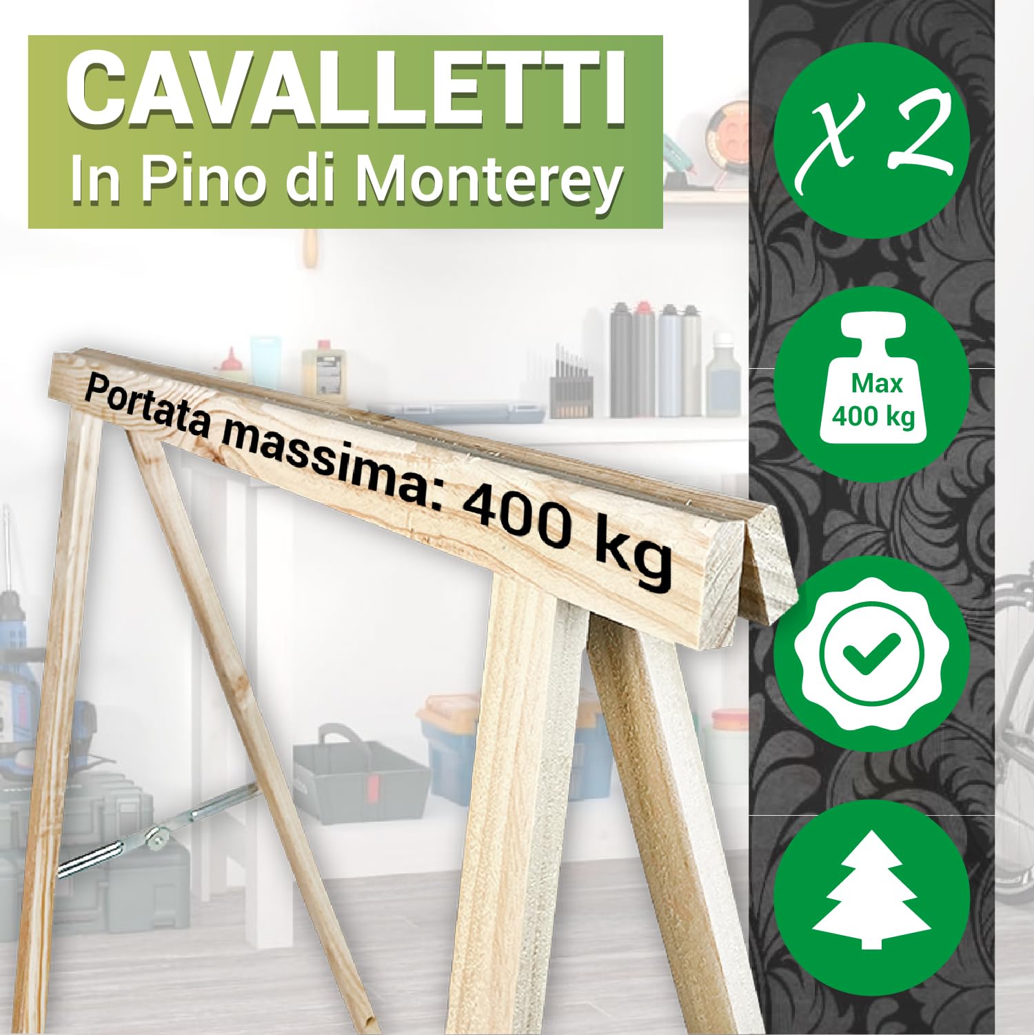 Crisalide® -Natural-WOOD Caballetes en un par de madera de abeto macizo de trabajo, capacidad de 200 kg, bricolaje plegable, 75 cm x 75 cm, se pueden pintar para varios usos de aficionados e