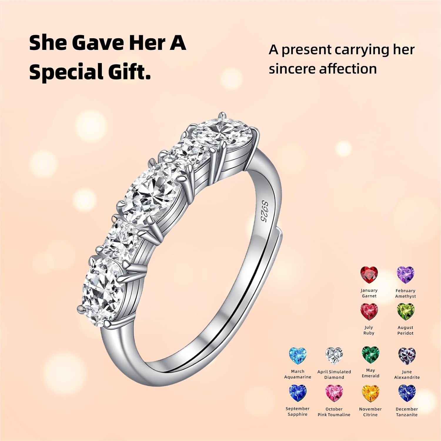 925 Sterling Silver Birthstone Rings for Women - Adjustable Size Women Jewelry Birthday Gifts for Girlfriend,Wife,Mom