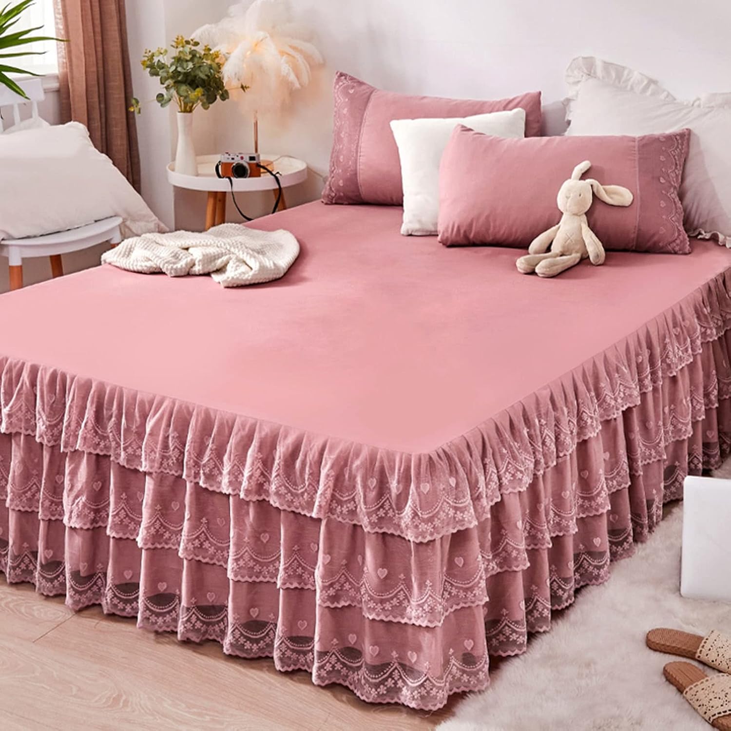 Konsilsa Lace Bed Skirt, Queen King Size Single Size Bedspread Decorate Solid Color Coverlet Pleated Dust Ruffle Wrinkle and Fade Resistant (Color : E, Size : 180x220cm(71x87inch))