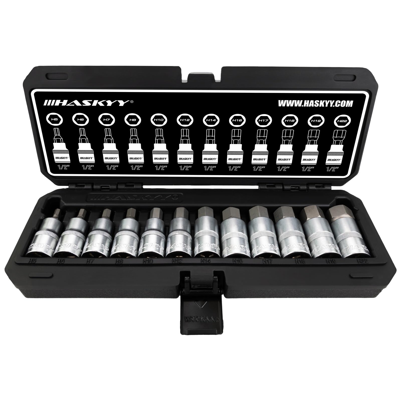 HASKYY Innensechskant Stecknüsse Steckschlüssel Set 5-22 mm 1/2 Zoll – CNC-gefertigt, Cr-V, 12-tlg