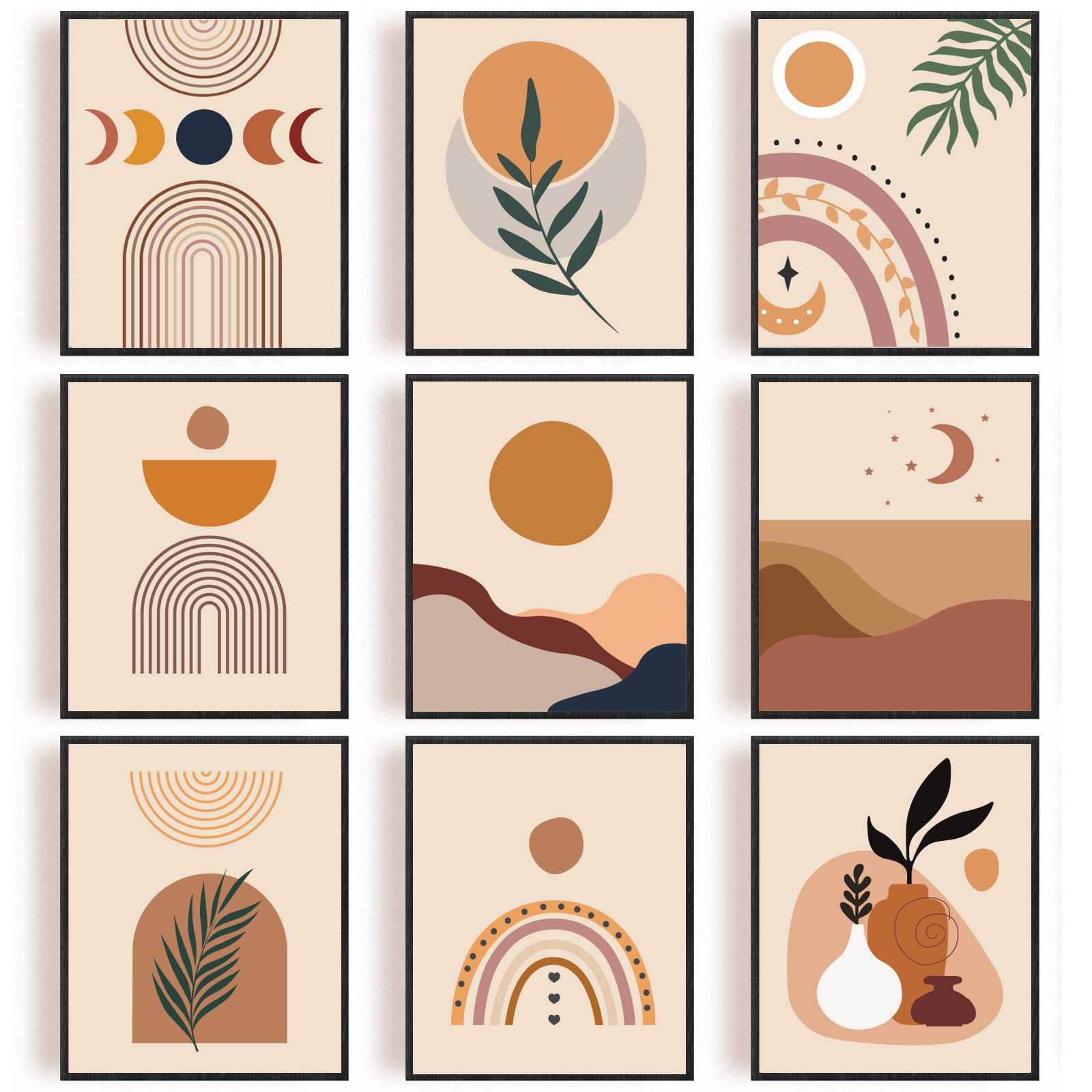 ORIGACH Boho Wall Art Prints Set of 9 Geometric Boho Wall Art Sun Moon Mountain Palm Leaf Rainbow Canvas Artwork Prints for Bedroom Living Room Bathroom Decor(8" X 10", Unframed)