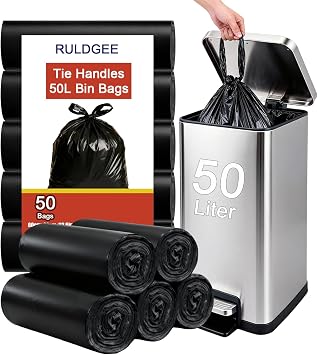 Bin Bags 50L Bin Liners Tie Handle 50 Counts,Black
