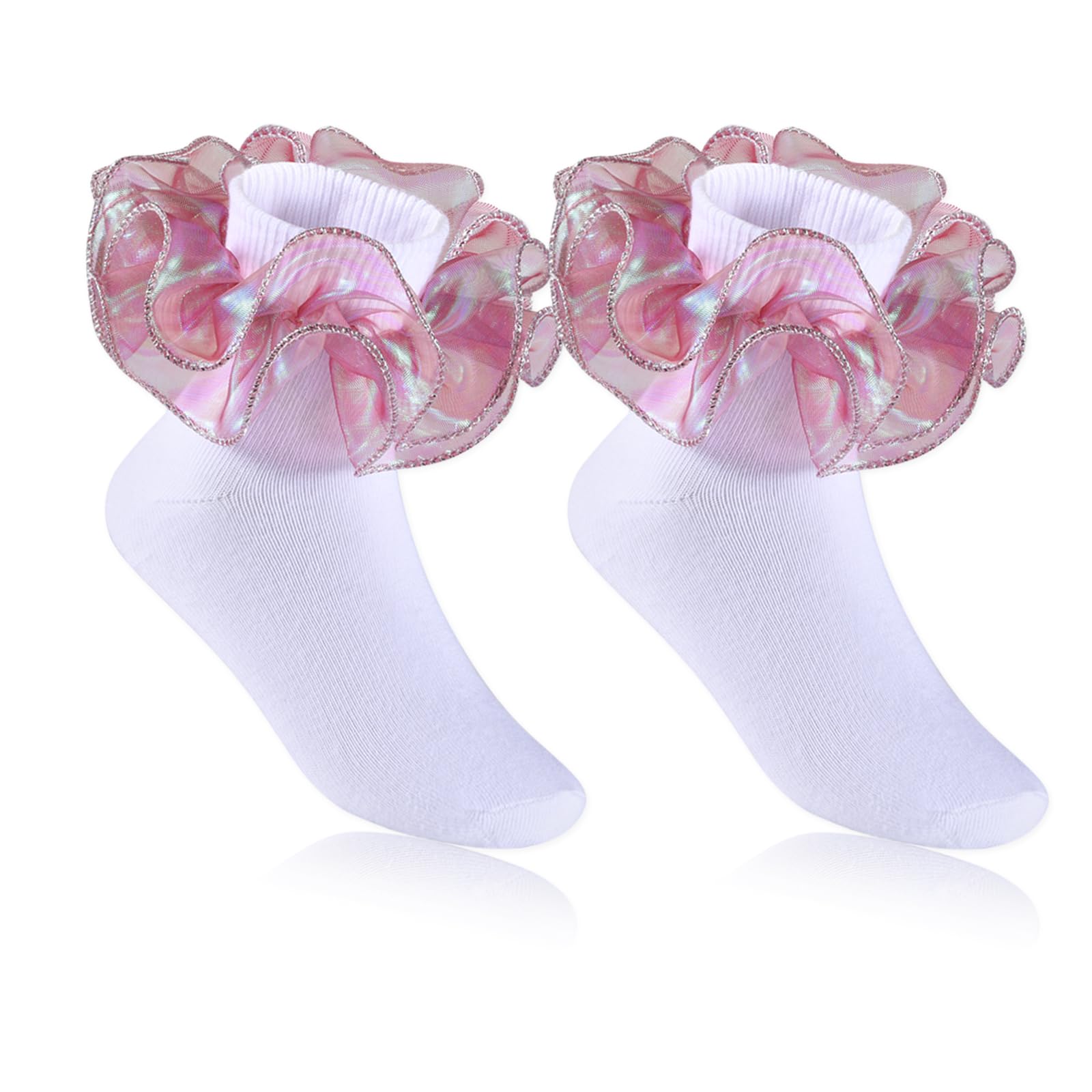 KOSIWEGO 6 Pairs Girls White Ruffle Socks Toddler Big Double Shimmering Lace Turn Cuff Dress Socks (US, Alpha, Medium, Pink)