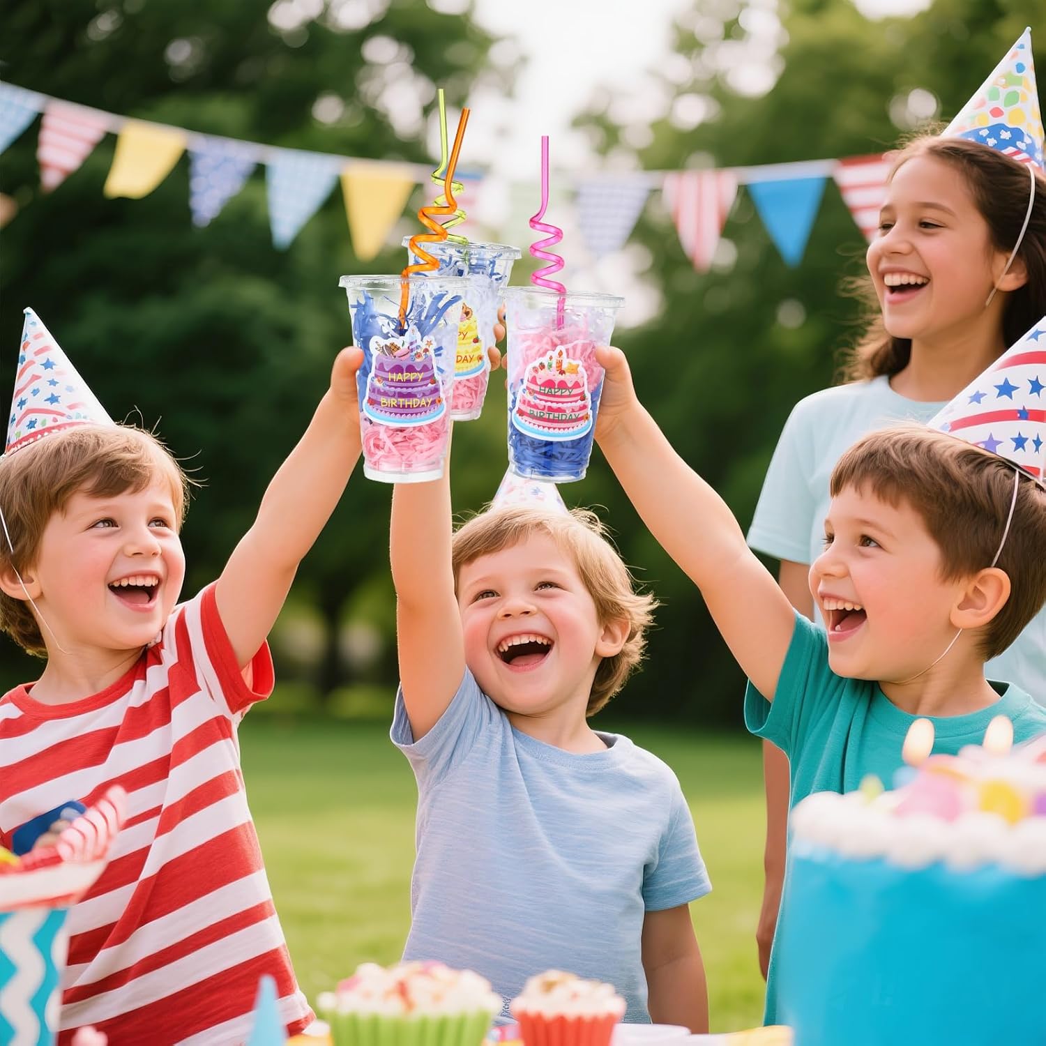 Qinyoung 24 Set Creative Happy Birthday Gifts from Teacher Students Birthday Cups with Lids Colorful Straws Stickers and Raffia Plastic Cups for Reward Kids Prize Classroom Party Supplies (Cute) - Image 4