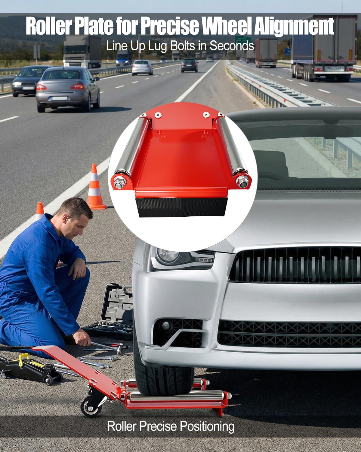 Portable Tire Jack Tool with Roller Plate, Heavy Duty Tire Lifter for Easy Wheel Alignment, One-Person Tire Installation Tool for Cars, SUVs & Trucks (Red)