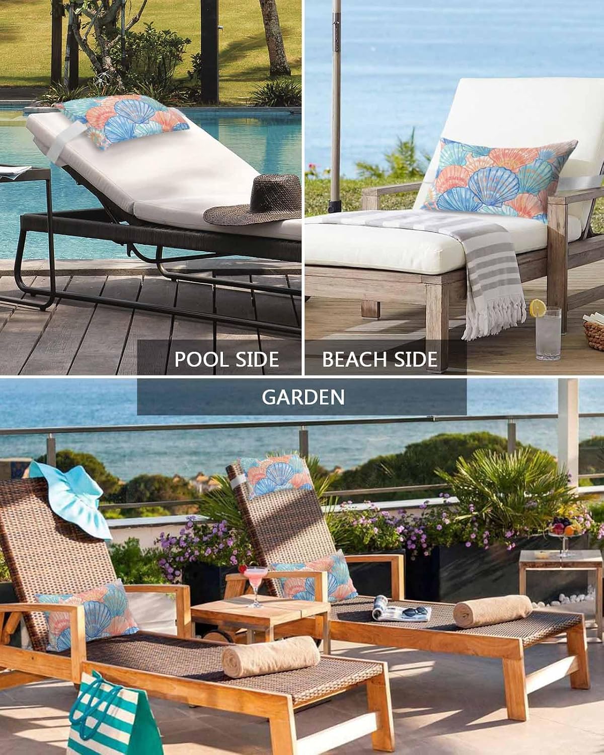 Lumbar Pillow Covers Set of 4, Orange Blue Shell Waterproof Outdoor Chaise Lounge Pillow Covers with Elastic Strap, Coastal Summer Beach Ocean Conch Headrest Pillowcase for Patio Recliner, 12 x 20