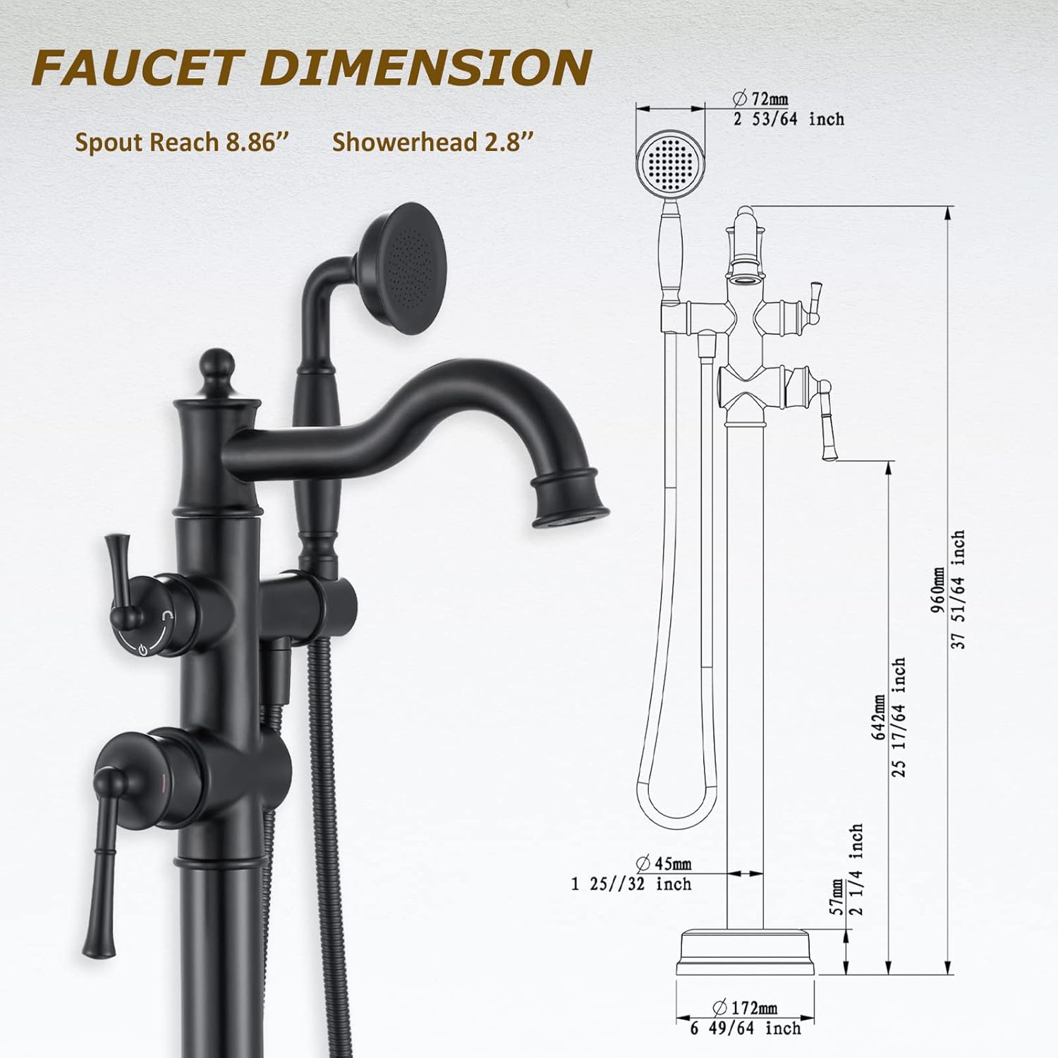 Freestanding Floor Mount Tub Filler with Handheld Shower Roman Bathtub Faucet by Matte Black Finish, Swivel Spout with Brass Rough-in and Water Hose - Image 4