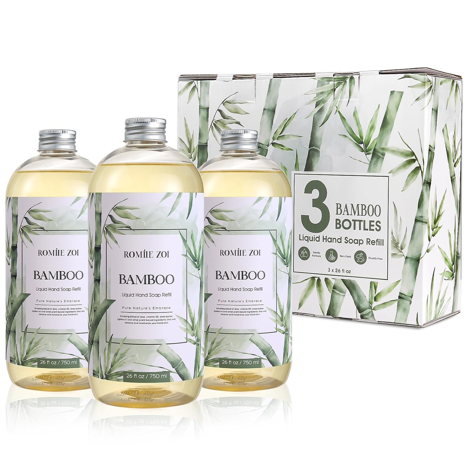 ROMIIE ZOI Liquid Hand Soap Refills Set – Bamboo Scent – 750ML x 3 Bottles Refill – Gentle Formula with Essential Oils – Biodegradable & Cruelty-Free for Sensitive Skin, Kitchen & Bathroom