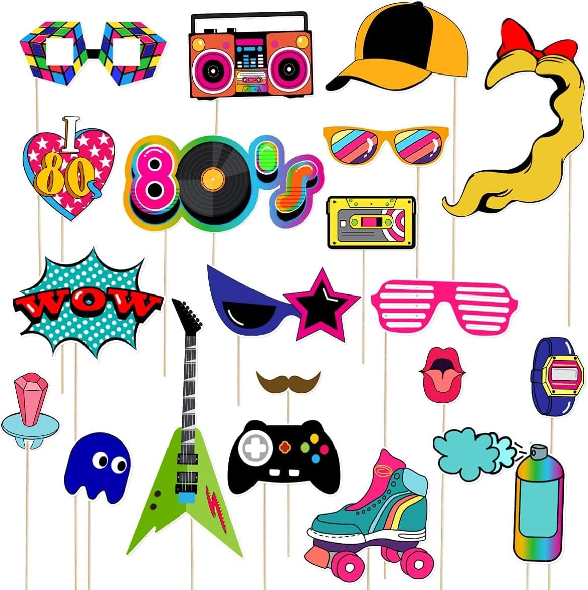 SYOSI 21pcs 80's Funny Photo Props, Birthday Party Photo Booth Props with Wooden Sticks Creative Party Supplies, Perfect for 1980s Theme Birthday Party Decoration Accessories