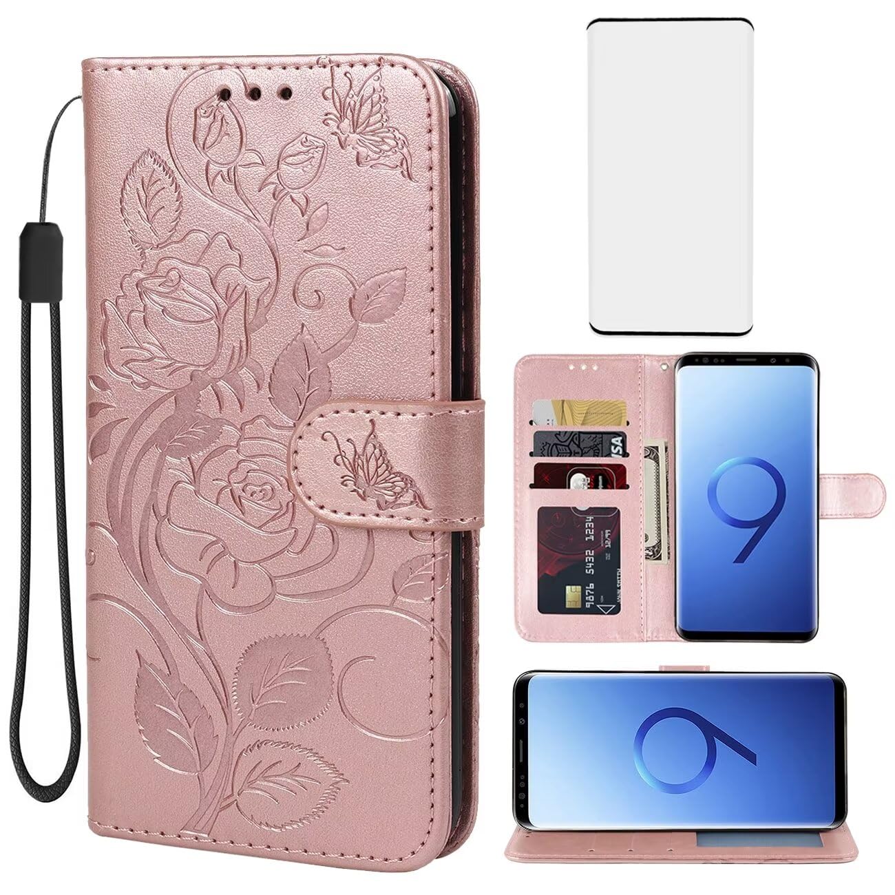 Vavies Case for Galaxy S9+/for Samsung S9 Plus Floral Leather Flip Case with Tempered Glass Screen Protector, Card Holder, Magnetic Closure for