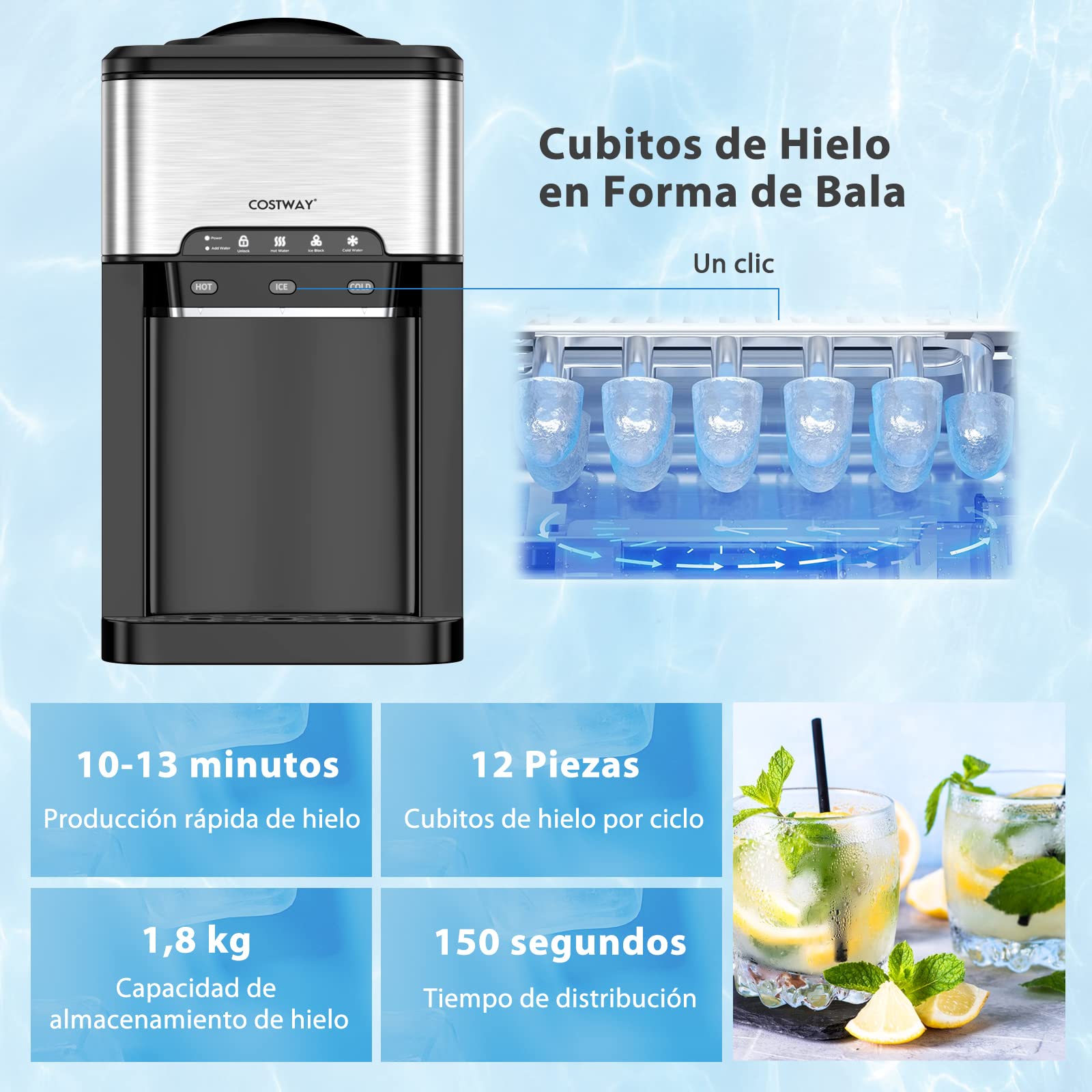 COSTWAY Dispensador de Agua 3-en-1 Con Máquina de Hielo, 3 Ajustes de Temperatura, Para Botellas de 3-5 Galones, Para Hogar y Oficina