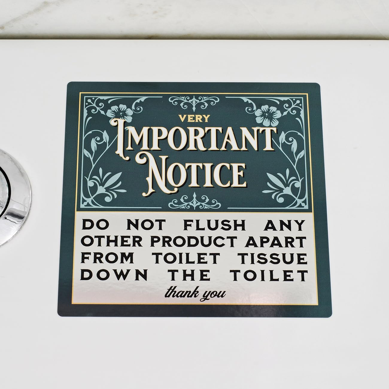 Vintage style toilet notice sign. Do not flush any other product apart from tissue down the toilet. 100mm x 100mm sticker. Deluxe silver effect - Self adhesive label (10)