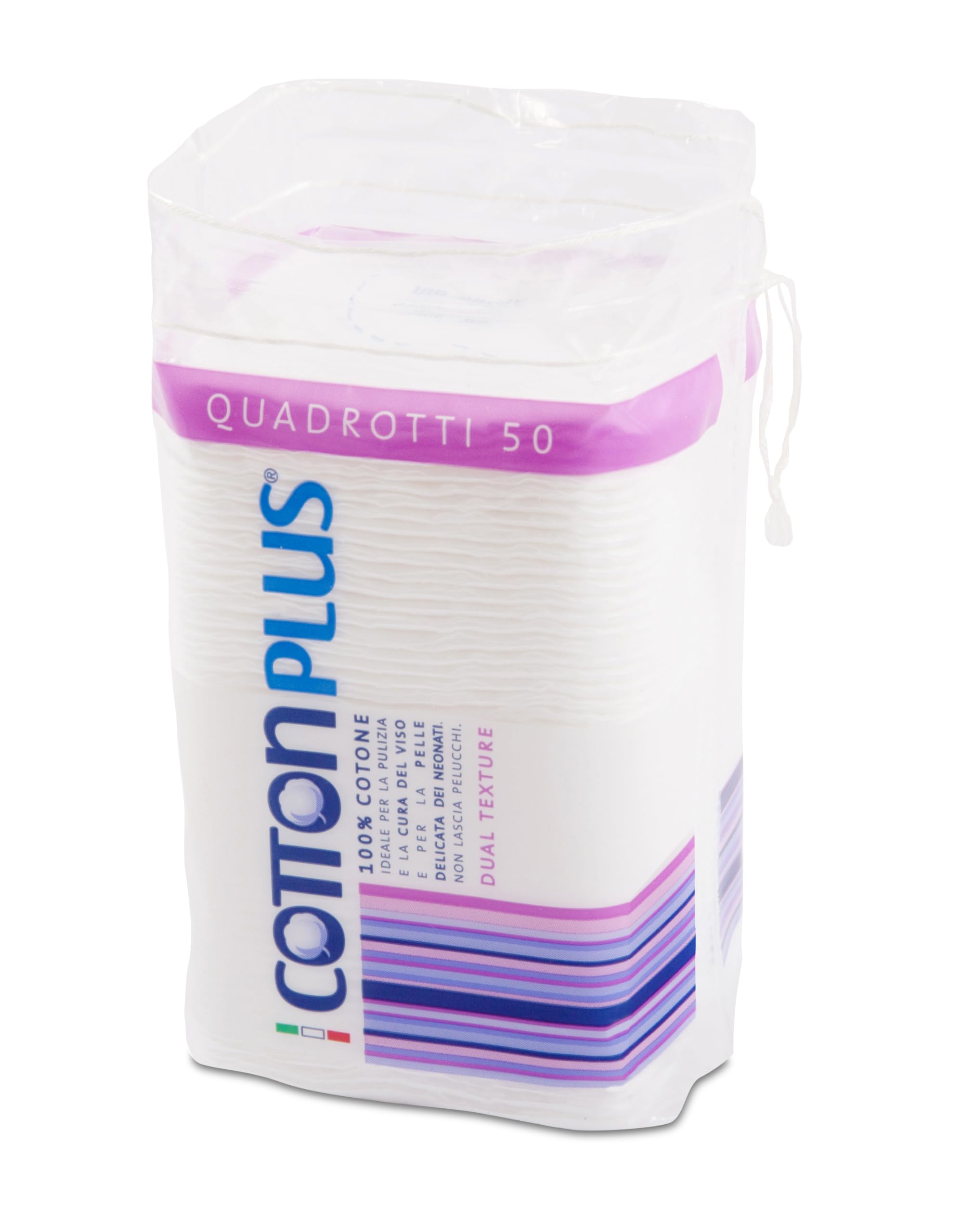 Cotton Plus QUADROTTI 50 pz. - LINEA BEAUTY | QUADROTTI 100% PURO COTONE | Dischetti struccanti per la pulizia del viso soffici e resistenti.