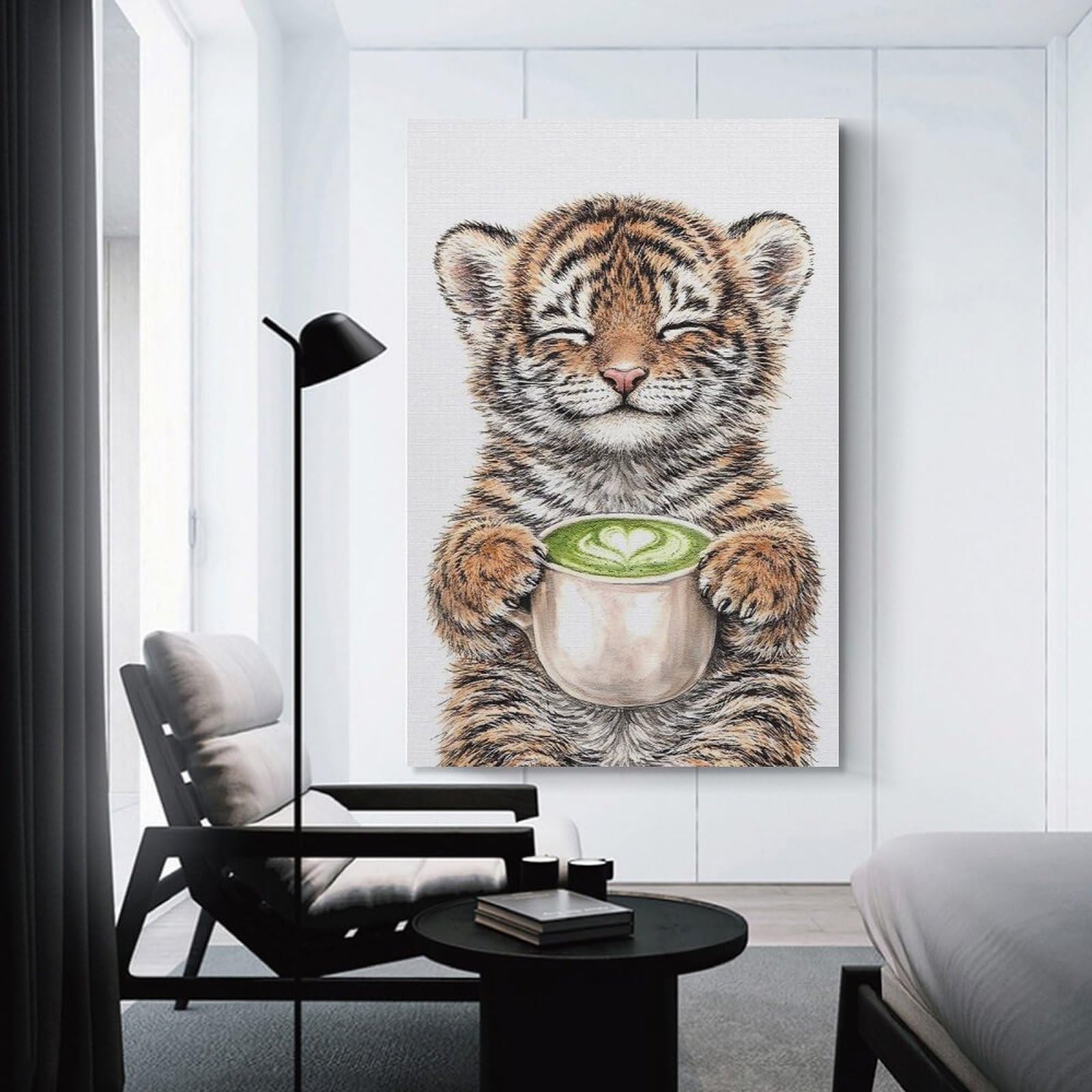 Junmoney Cute Tiger Cub with Matcha Latte Wall Art Print, 24x36inch(60x90cm), for Bedroom Walls, Guest Spaces Or Lounges, Home Artwork with A Soft Interior Feel