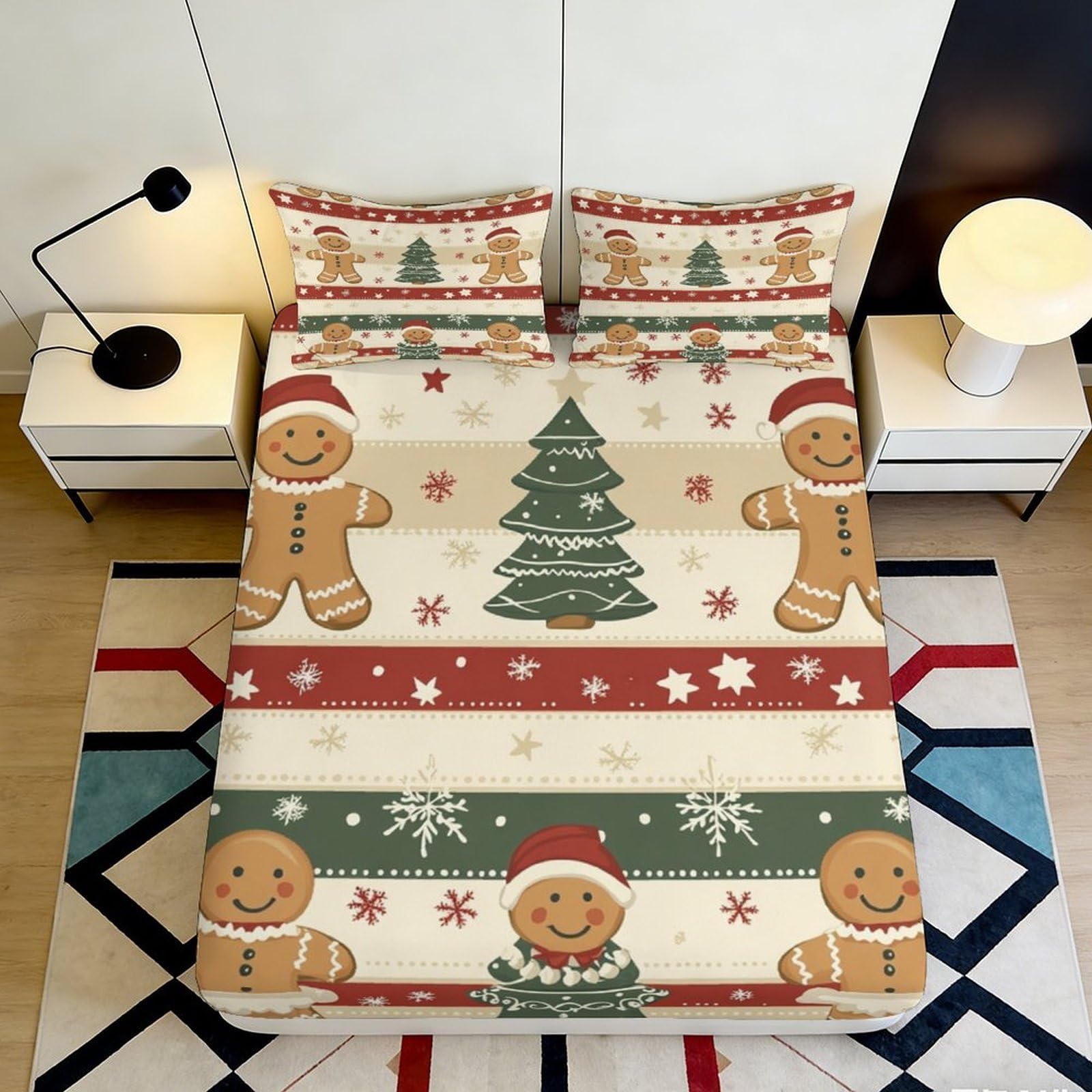3D Printed Gingerbread Christmas Tree Fitted Sheet Microfiber Anti-Slip Bed Cover for Bedroom Guest Room Easy Care 90x200x25cm