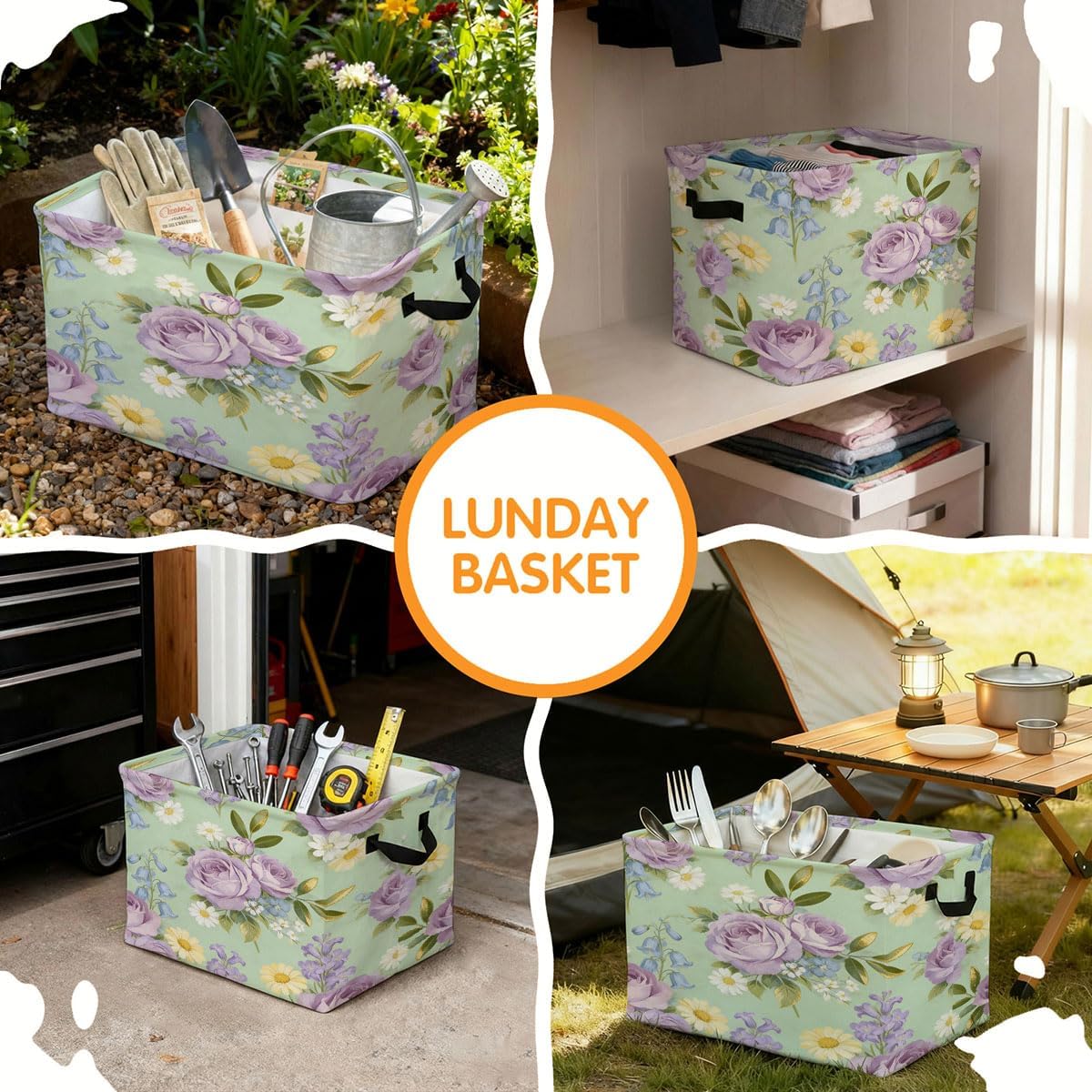 56L Purple Watercolor Floral Rectangular Storage Bin,Laundry Basket Clothes Hamper with Handles,Foldable Blanket Storage Cotton Linen Laundry Hamper with Waterproof PE, Home Decor.