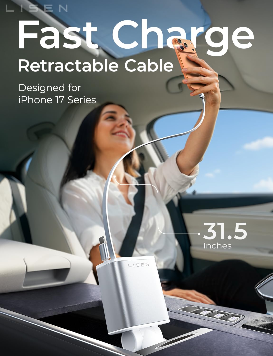 LISEN Retractable Car Charger for iPhone, for iPhone 17 Pro Max 16 15 14 13 12 Plus Mini, Cute 4 in 1 Retractable USB C Car Charger Fast Charge for Women Men, 84W Fast Charging Car Accessorie view 2