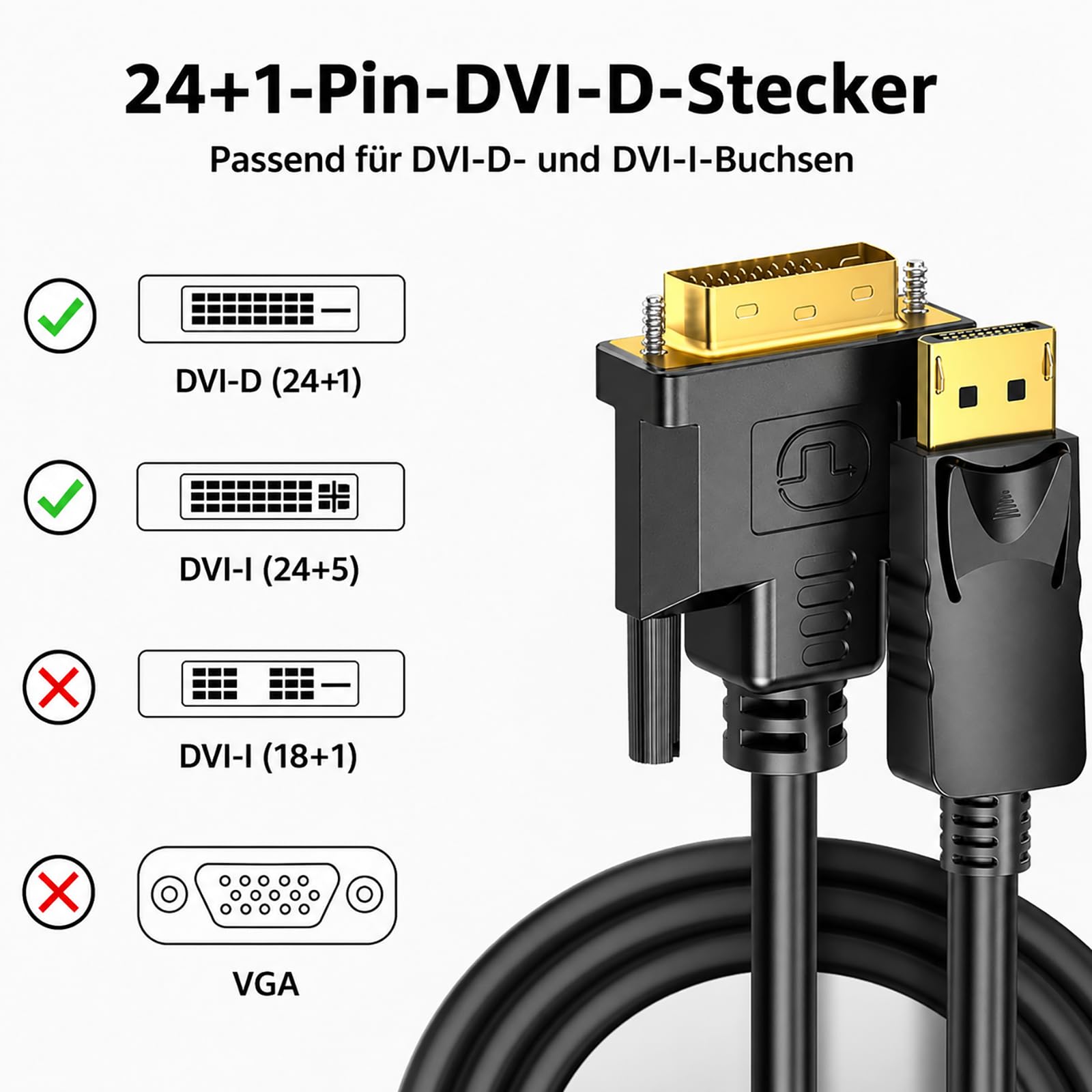 Kabel DisplayPort na DVI 1,8 m, DP na DVI-D 24+1 adapter wtyczka na wtyczkę, 1080p @60 Hz, jednokierunkowy kabel DVI na DisplayPort do monitora, projektora, komputera stacjonarnego, laptopa