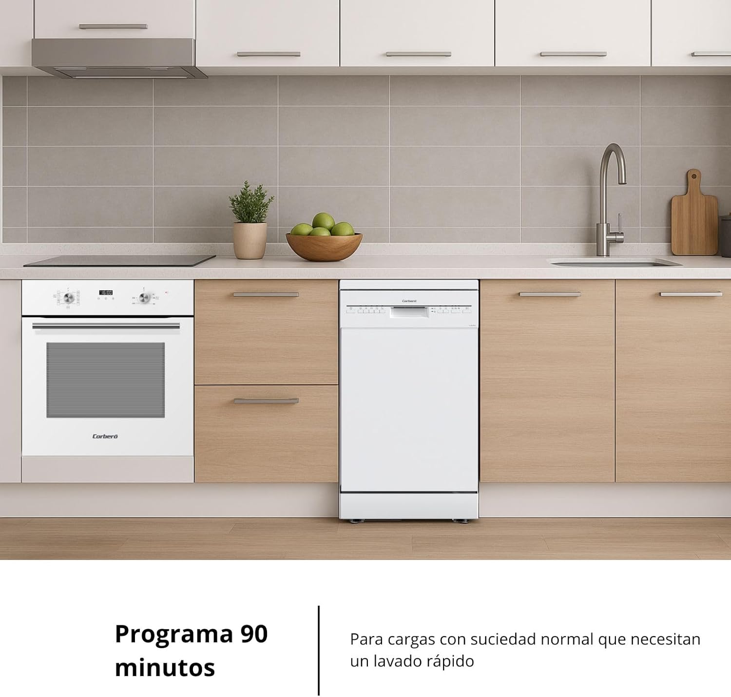 Corberó CLVM403W dishwasher in a kitchen setting, illustrating its use for a 90-minute program.