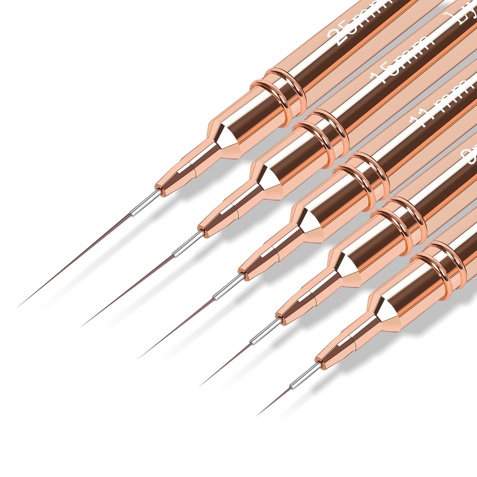 5pcs Nail Art Liner Brushes,Liner Brush For Nails Gel,Painting Art Design Brush Set Nail Dotting Drawing Tool For Long Lines, Thin Details, Fine Drawing Sizes 7/9/11/15/25mm（Rose Golden）