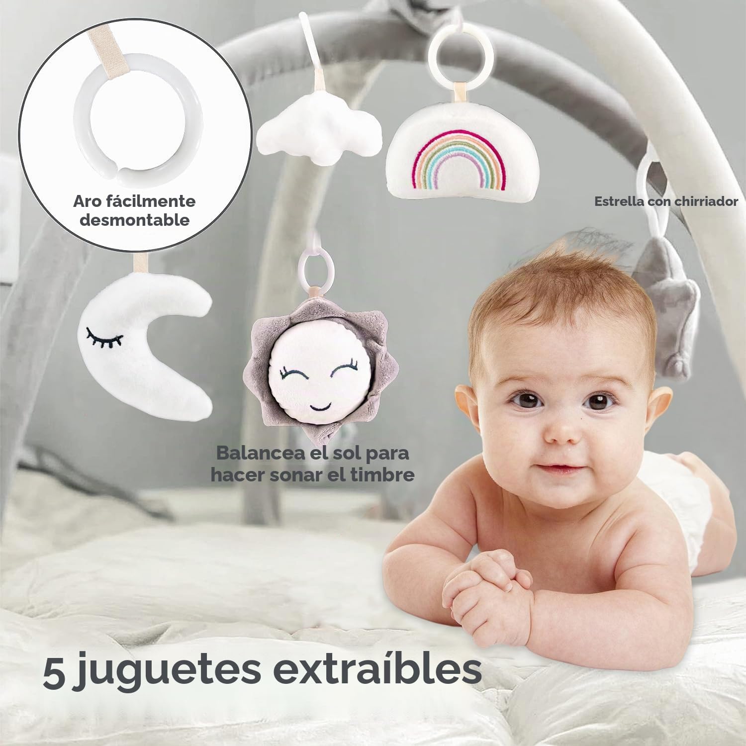 5-en-1 Gimnasio Alfombra de Juego para Bebés con 5 Juguetes, Alfombra de Gateo con Arco de Juego y Piscina de Bolas, almohadilla para bebés,esarrollo de las habilidades motoras