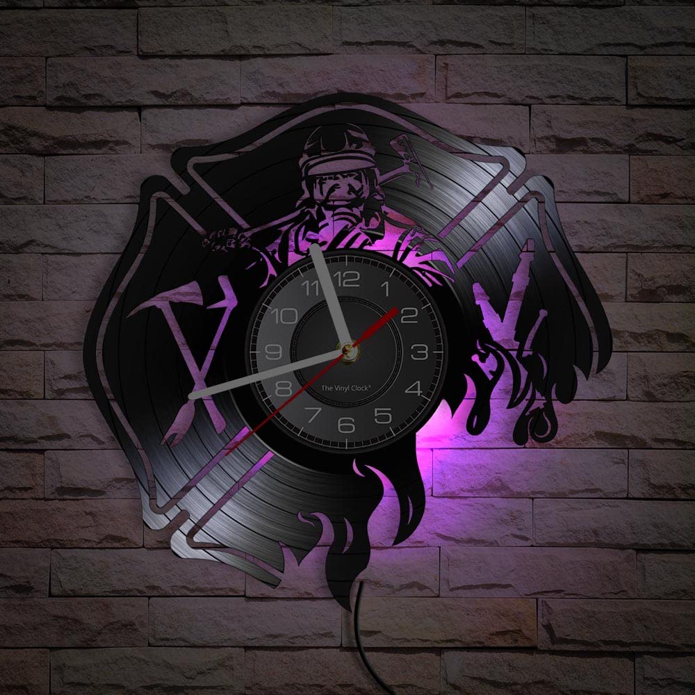 Orologio da parete in vinile, orologio analogico modello vigile del fuoco, luce notturna a LED con telecomando, decorazione da parete orologio da parete regalo!